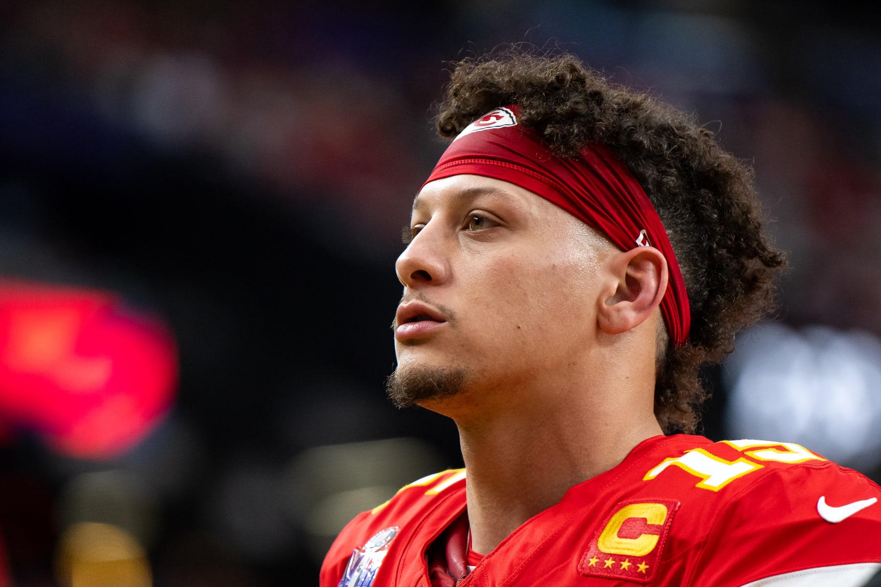 LAS VEGAS, NEVADA - FEBRUARY 11: Quarterback Patrick Mahomes #15 of the Kansas City Chiefs looks on prior to Super Bowl LVIII against the San Francisco 49ers at Allegiant Stadium on February 11, 2024 in Las Vegas, Nevada. (Photo by Luke Hales/Getty Images)