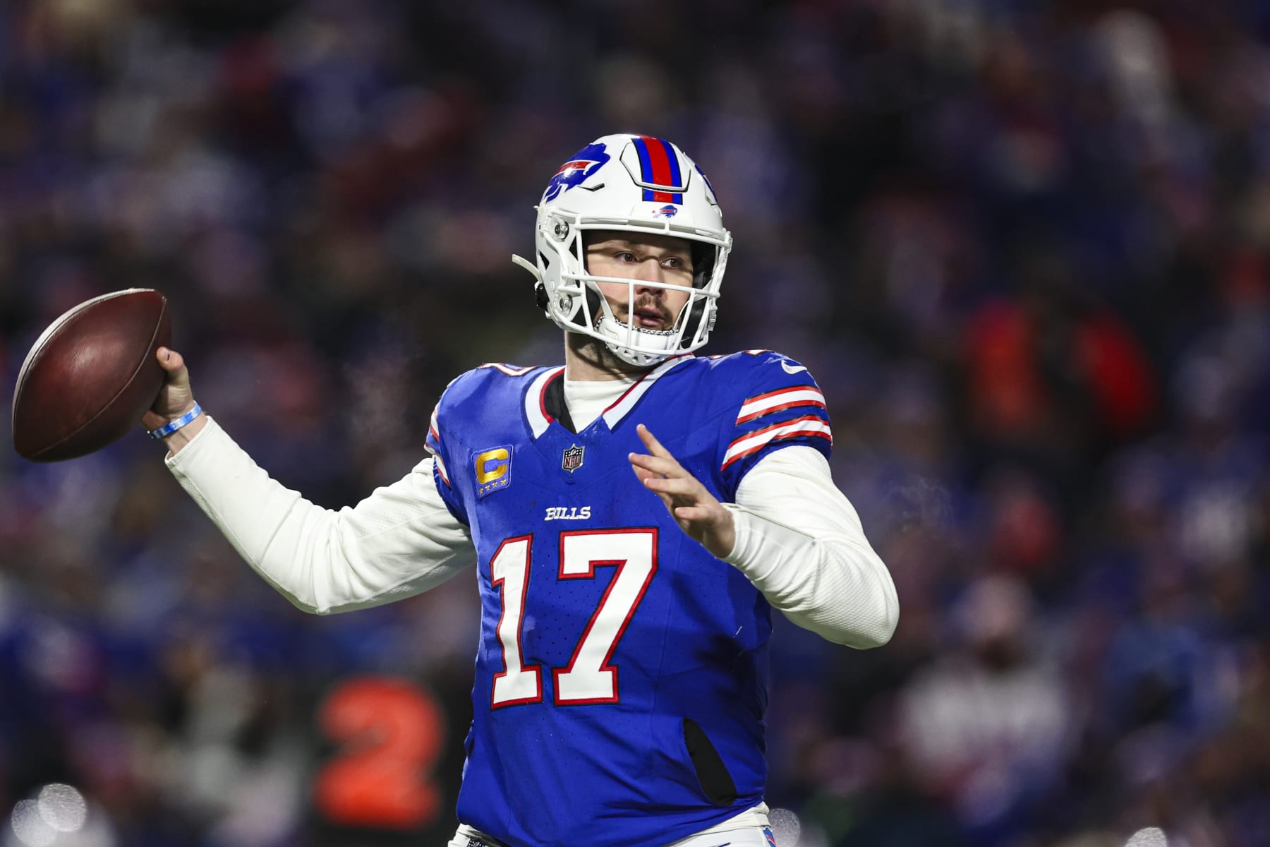 ORCHARD PARK, NY - JANUARY 21: Josh Allen #17 of the Buffalo Bills throws the ball during an NFL divisional round playoff football game against the Kansas City Chiefs at Highmark Stadium on January 21, 2024 in Orchard Park, New York. (Photo by Perry Knotts/Getty Images)