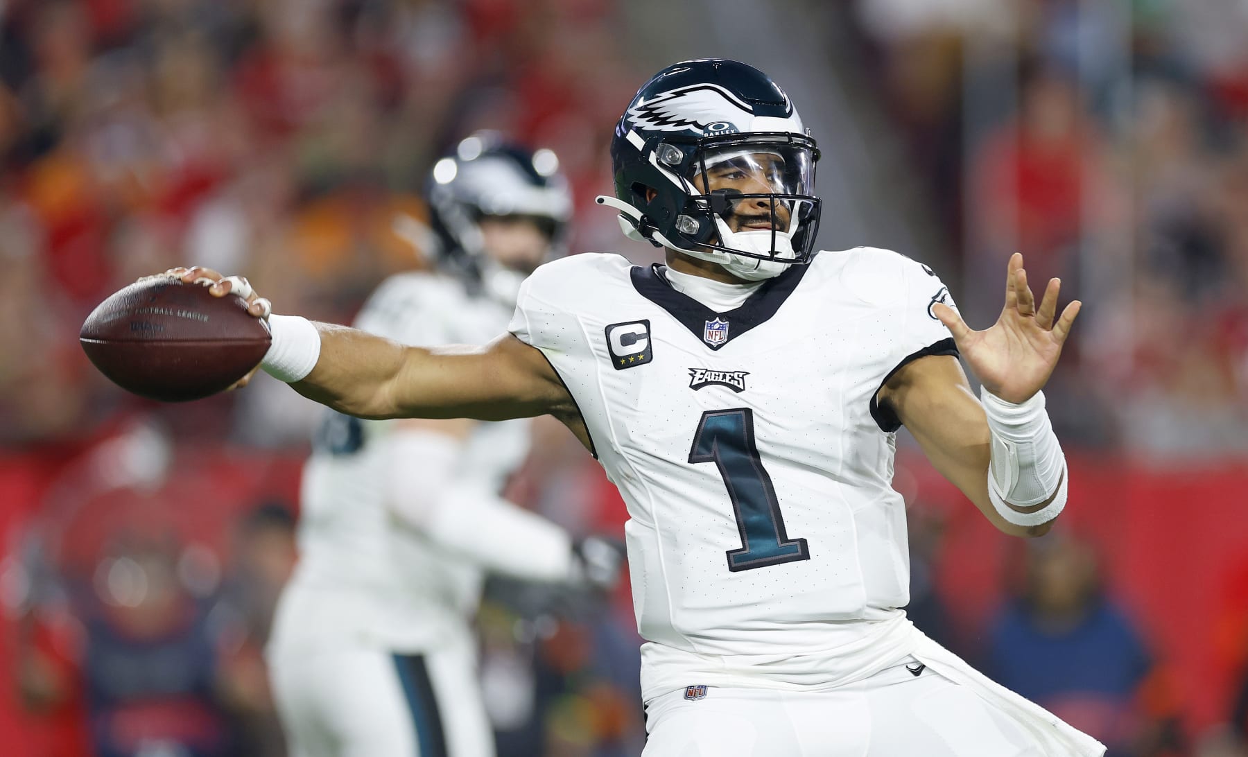 TAMPA, FLORIDA - JANUARY 15: Jalen Hurts #1 of the Philadelphia Eagles plays during the NFC Wild Card game against the Tampa Bay Buccaneers at Raymond James Stadium on January 15, 2024 in Tampa, Florida. (Photo by Mike Ehrmann/Getty Images)