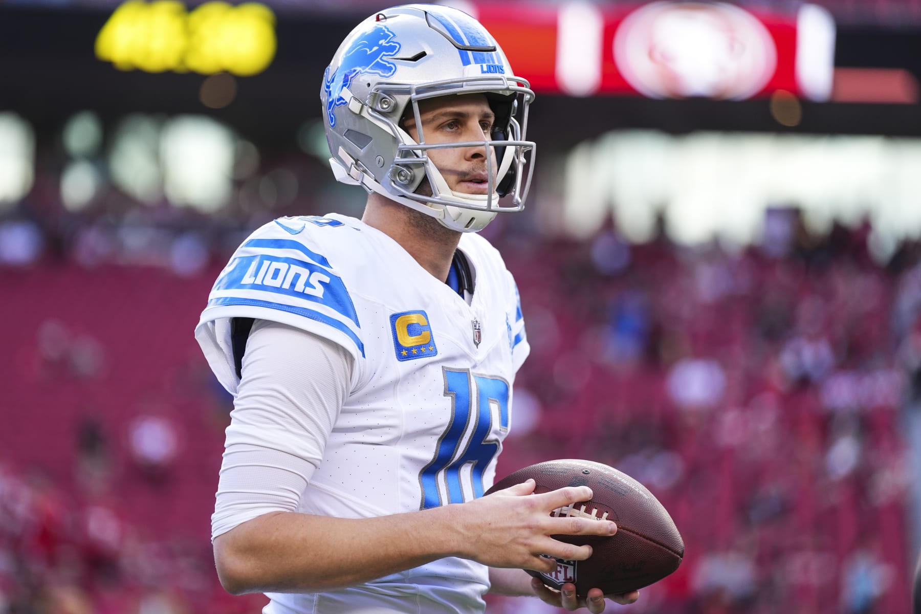 SANTA CLARA, CA - JANUARY 28: Jared Goff #16 of the Detroit Lions warms up prior to the NFC Championship NFL football game against the San Francisco 49ers at Levi's Stadium on January 28, 2024 in Santa Clara, California. (Photo by Cooper Neill/Getty Images)