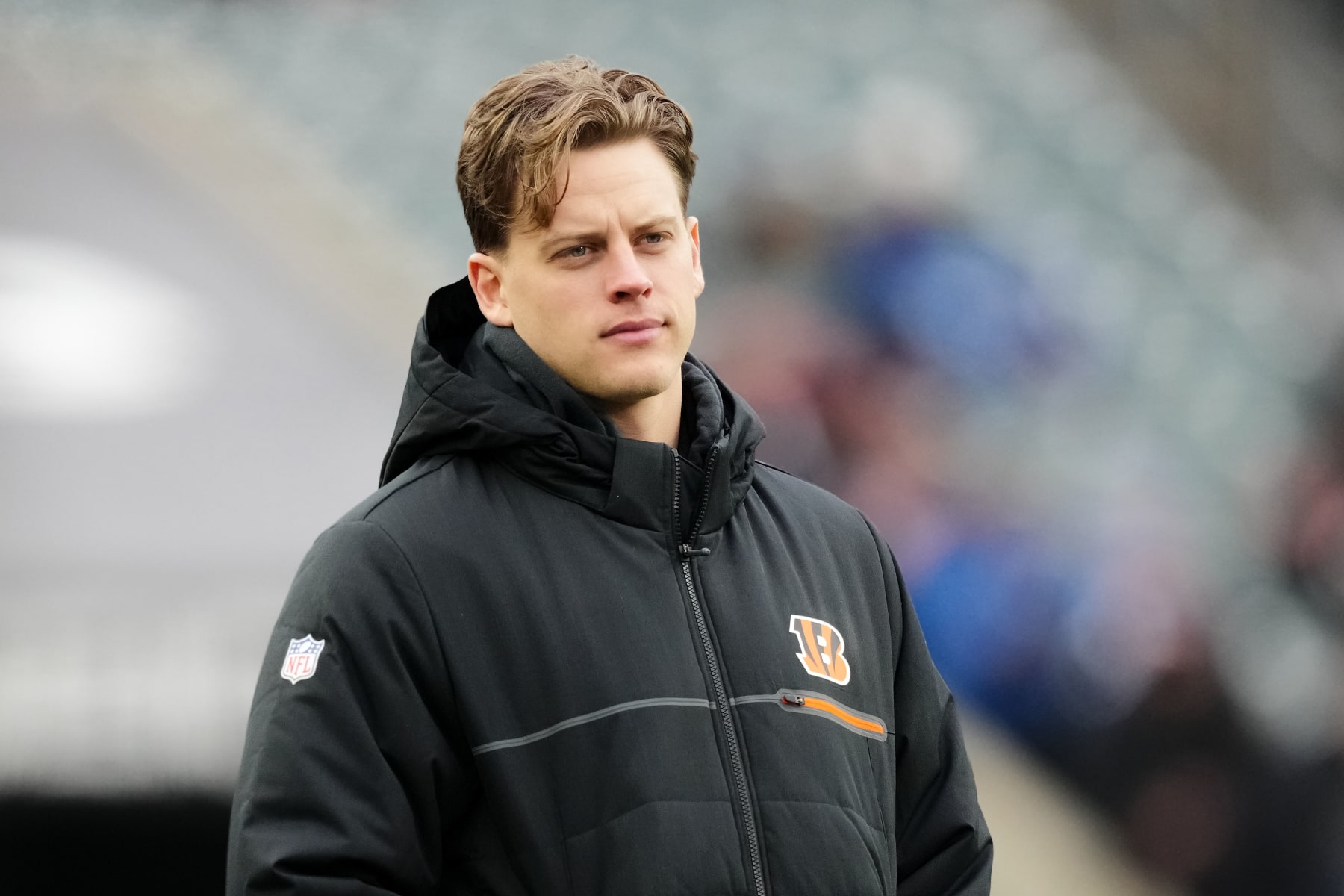 CINCINNATI, OHIO - DECEMBER 10: Joe Burrow #9 of the Cincinnati Bengals looks on before the game against the Indianapolis Colts at Paycor Stadium on December 10, 2023 in Cincinnati, Ohio. (Photo by Dylan Buell/Getty Images)