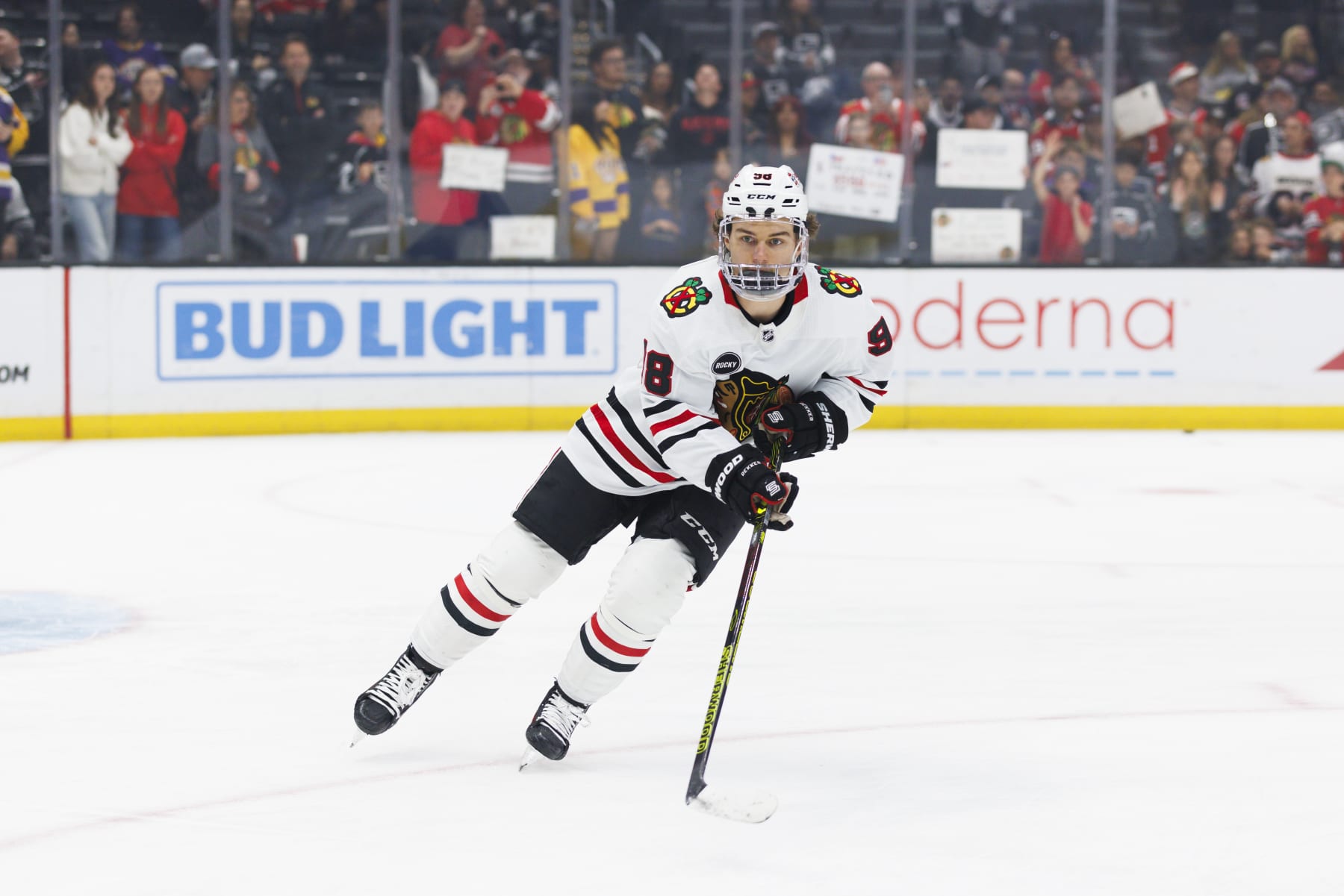 LOS ANGELES, CA - APRIL 18: Chicago Blackhawks center Connor Bedard (98) skates during an NHL hockey game against the Los Angeles Kings on April 18, 2024 at Crypto.com Arena in Los Angeles, CA. (Photo by Ric Tapia/Icon Sportswire via Getty Images)