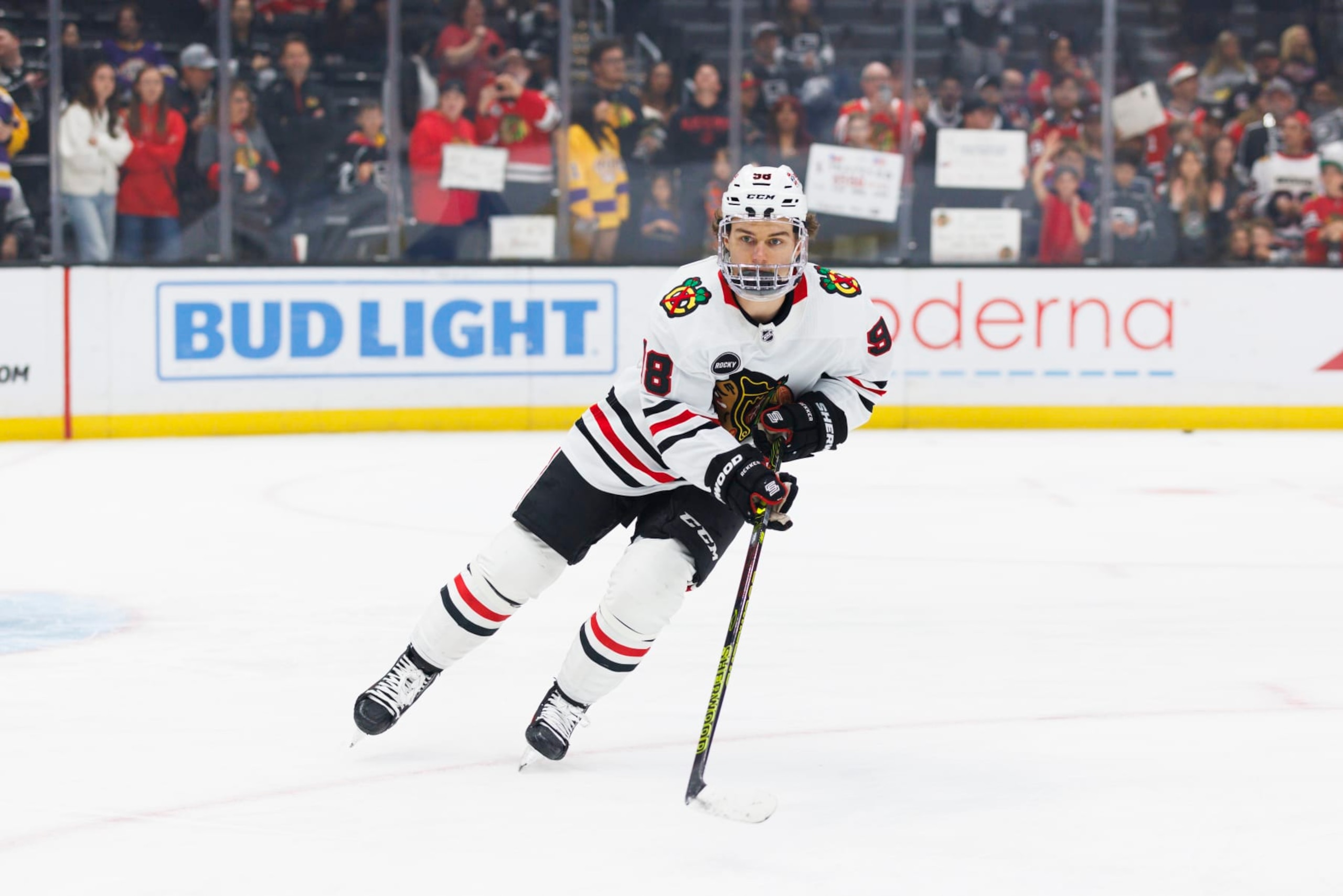 LOS ANGELES, CA - APRIL 18: Chicago Blackhawks center Connor Bedard (98) skates during an NHL hockey game against the Los Angeles Kings on April 18, 2024 at Crypto.com Arena in Los Angeles, CA. (Photo by Ric Tapia/Icon Sportswire via Getty Images)