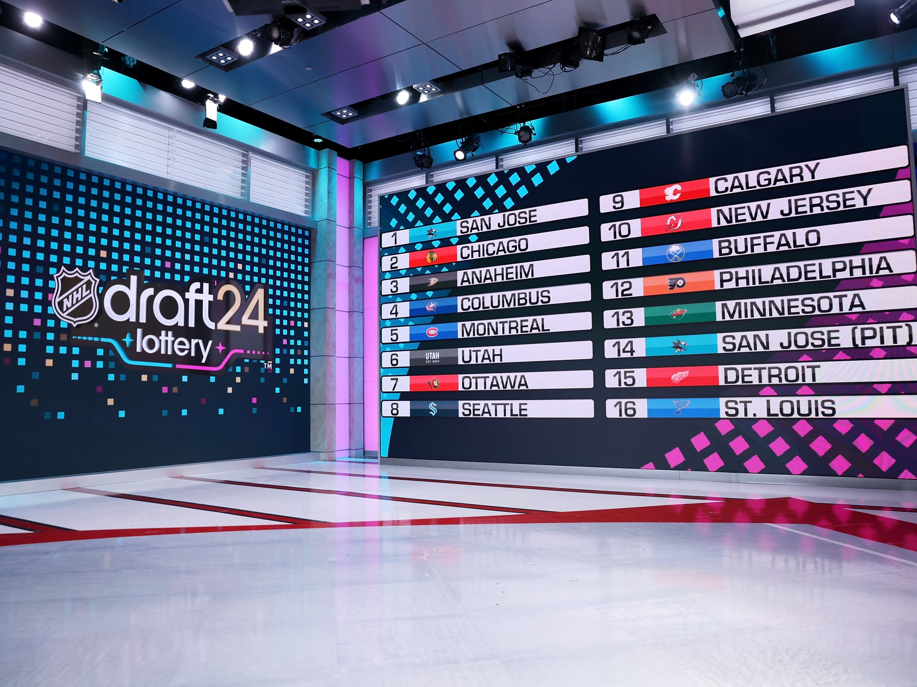 SECAUCUS, NEW JERSEY - MAY 07: NHL Draft Lottery positions are seen during the 2024 NHL Draft Lottery at NHL Network Studio on May 07, 2024 in Secaucus, New Jersey. (Photo by Mike Stobe/NHLI via Getty Images)