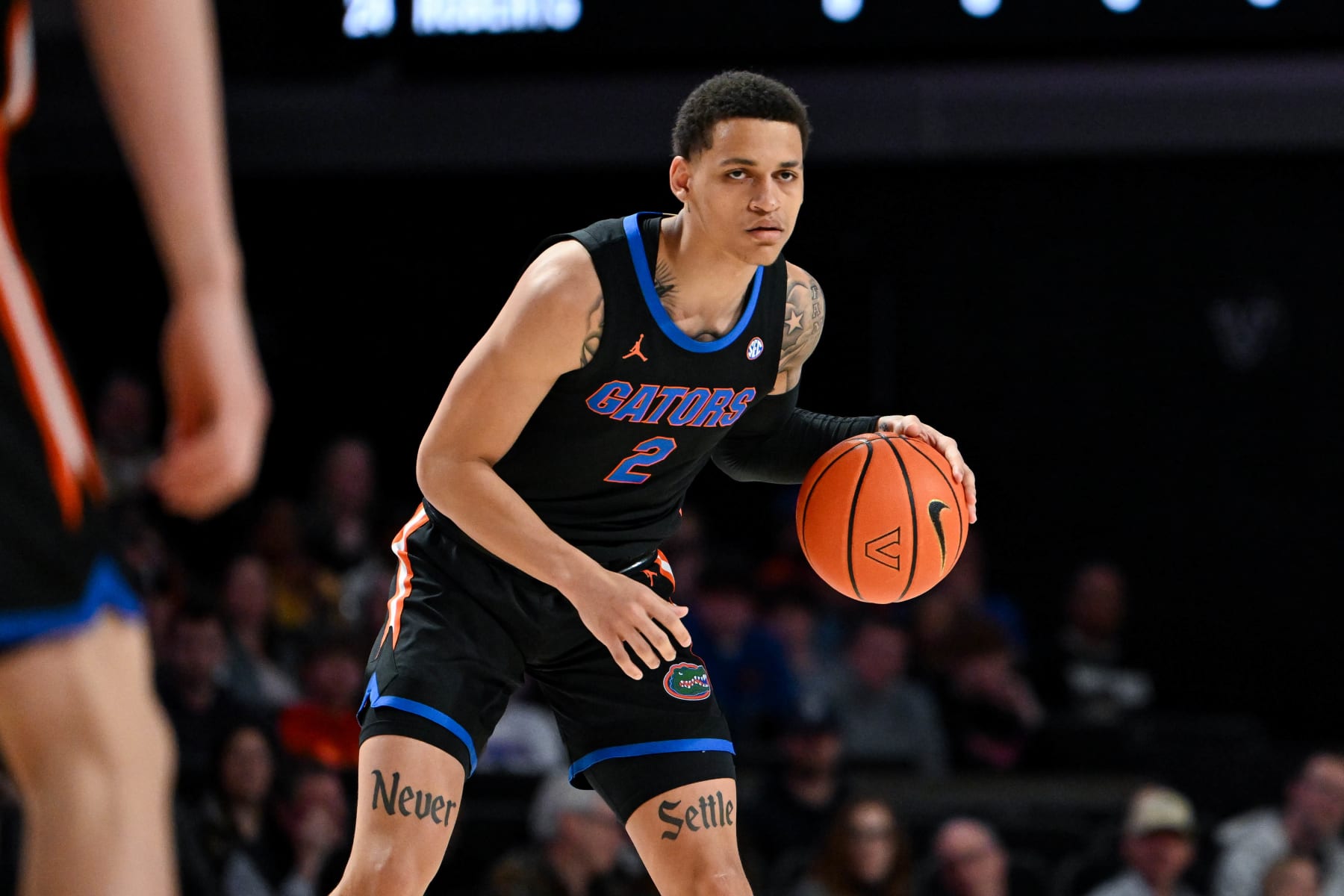 NASHVILLE, TENNESSEE - MARCH 9: Riley Kugel #2 of the Florida Gators drives to the basket against the Vanderbilt Commodores in the first half at Vanderbilt University Memorial Gymnasium on March 9, 2024 in Nashville, Tennessee. (Photo by Carly Mackler/Getty Images)