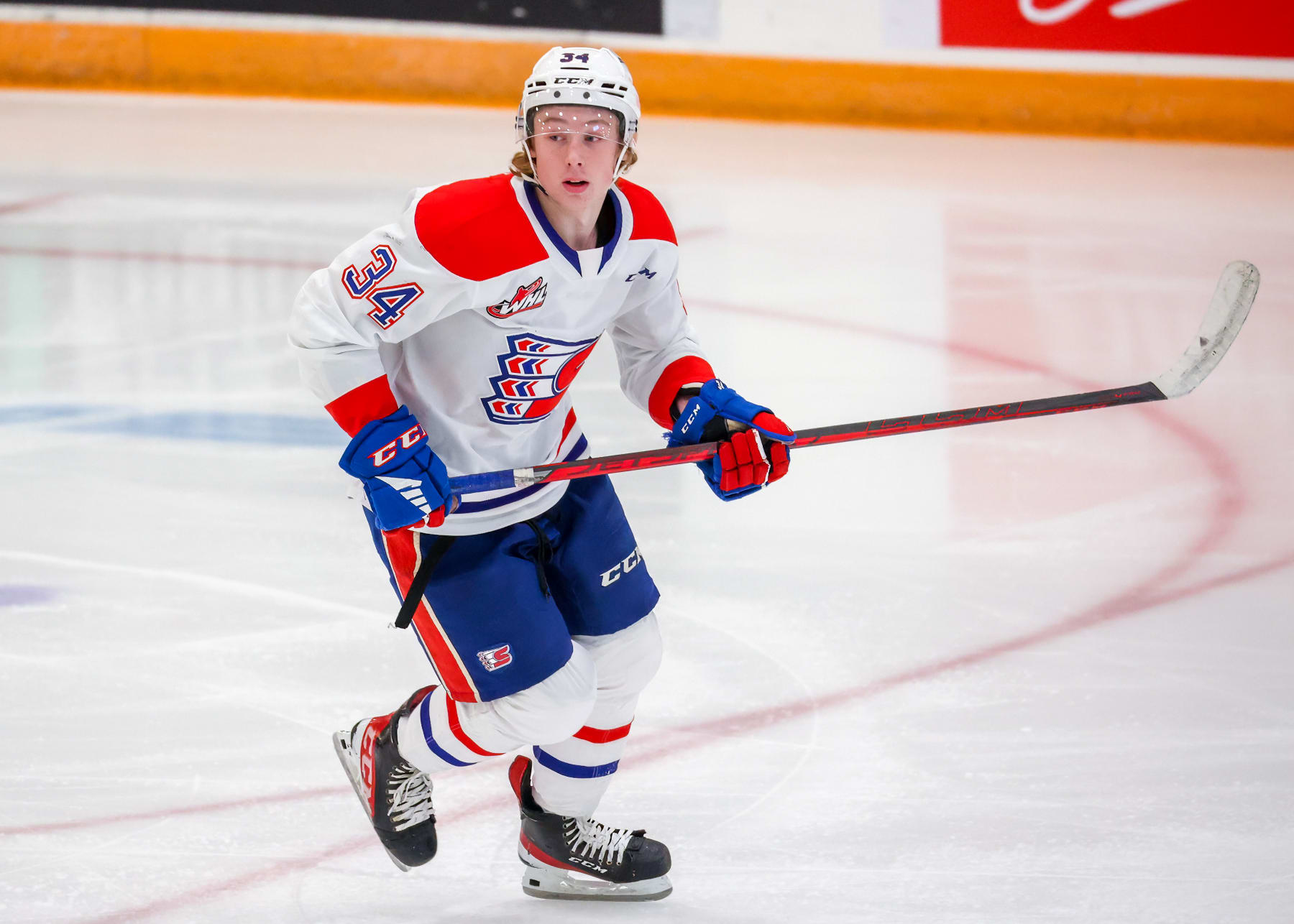 WINNIPEG, CANADA - DECEMBER 09: Berkly Catton #34 of the Spokane Chiefs skates during second period action against the Winnipeg ICE at Wayne Fleming Arena on December 09, 2022 in Winnipeg, Manitoba, Canada. (Photo by Jonathan Kozub/Getty Images)