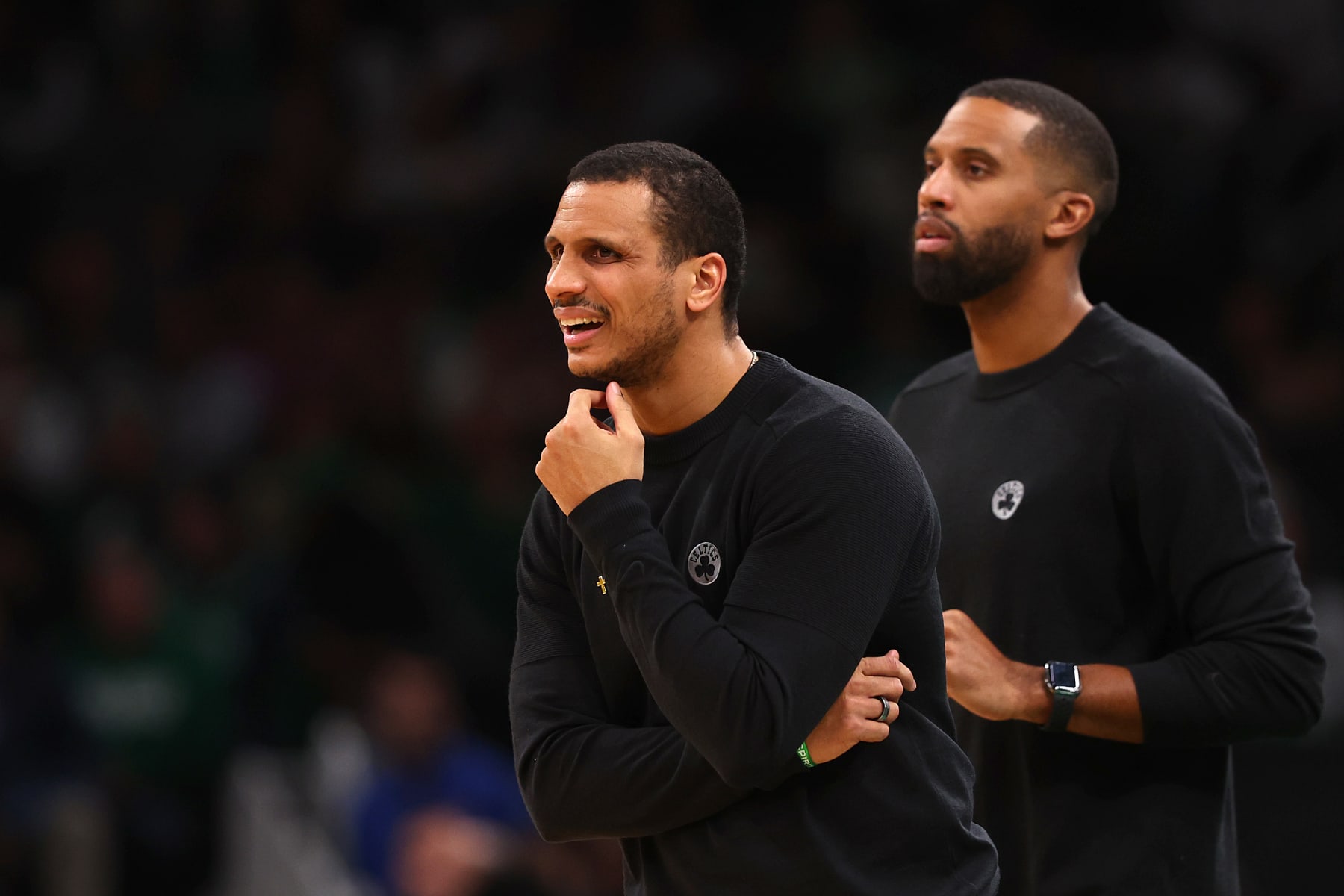BOSTON, MASSACHUSETTS - JANUARY 17: Boston Celtics head coach Joe Mazzulla and Assistant Coach Charles Lee look on from the sideline during the second half against the San Antonio Spurs at TD Garden on January 17, 2024 in Boston, Massachusetts. The Celtics defeat the Spurs 117-98. NOTE TO USER: User expressly acknowledges and agrees that, by downloading and or using this photograph, user is consenting to the terms and conditions of the Getty Images License Agreement.  (Photo by Maddie Meyer/Getty Images)