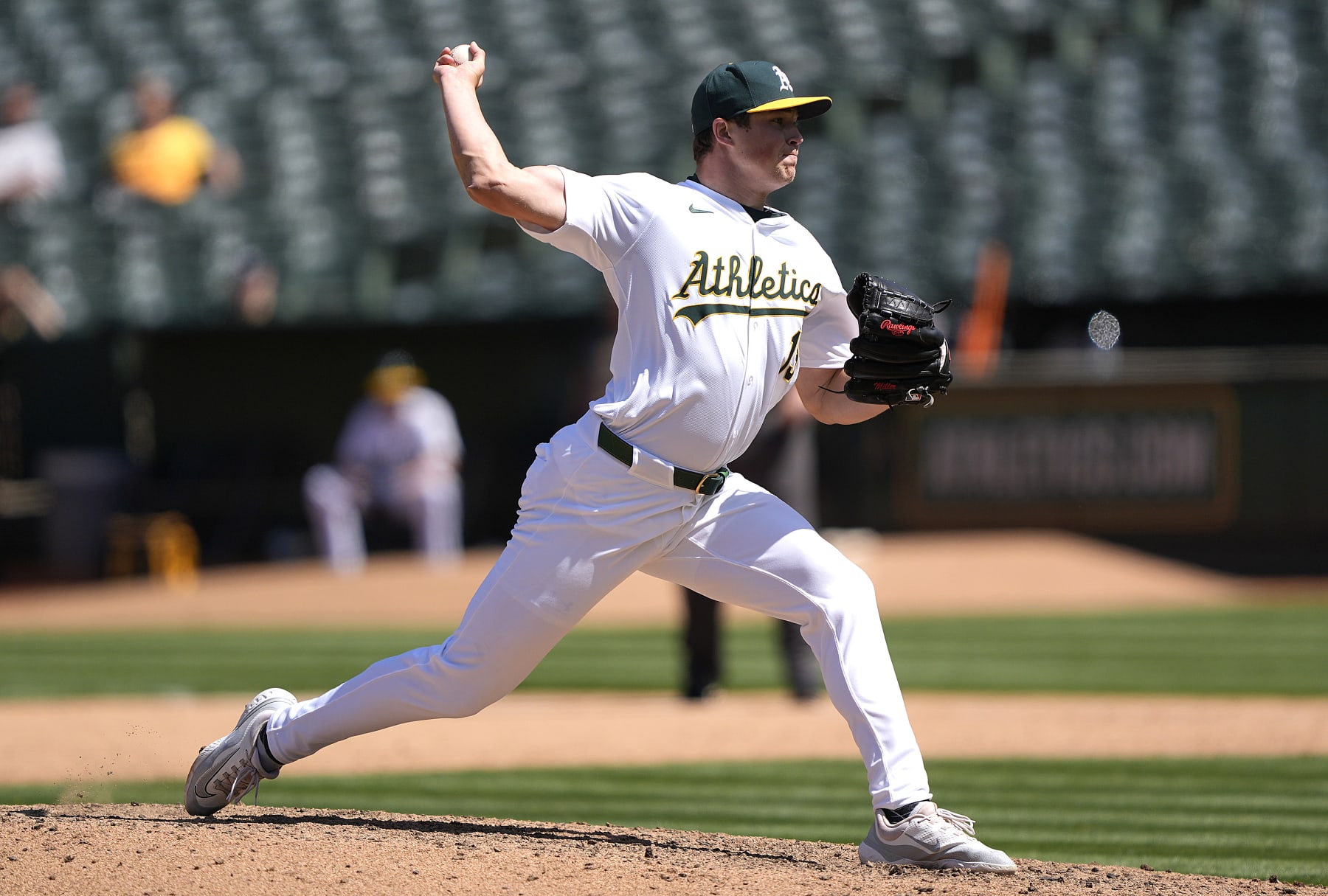 OAKLAND, CALIFORNIA - MAY 01: Mason Miller #19 of the Oakland Athletics pitches against the Pittsburgh Pirates in the top of the ninth inning on May 1, 2024 at the Oakland Coliseum in Oakland, California. (Photo by Thearon W. Henderson/Getty Images)
