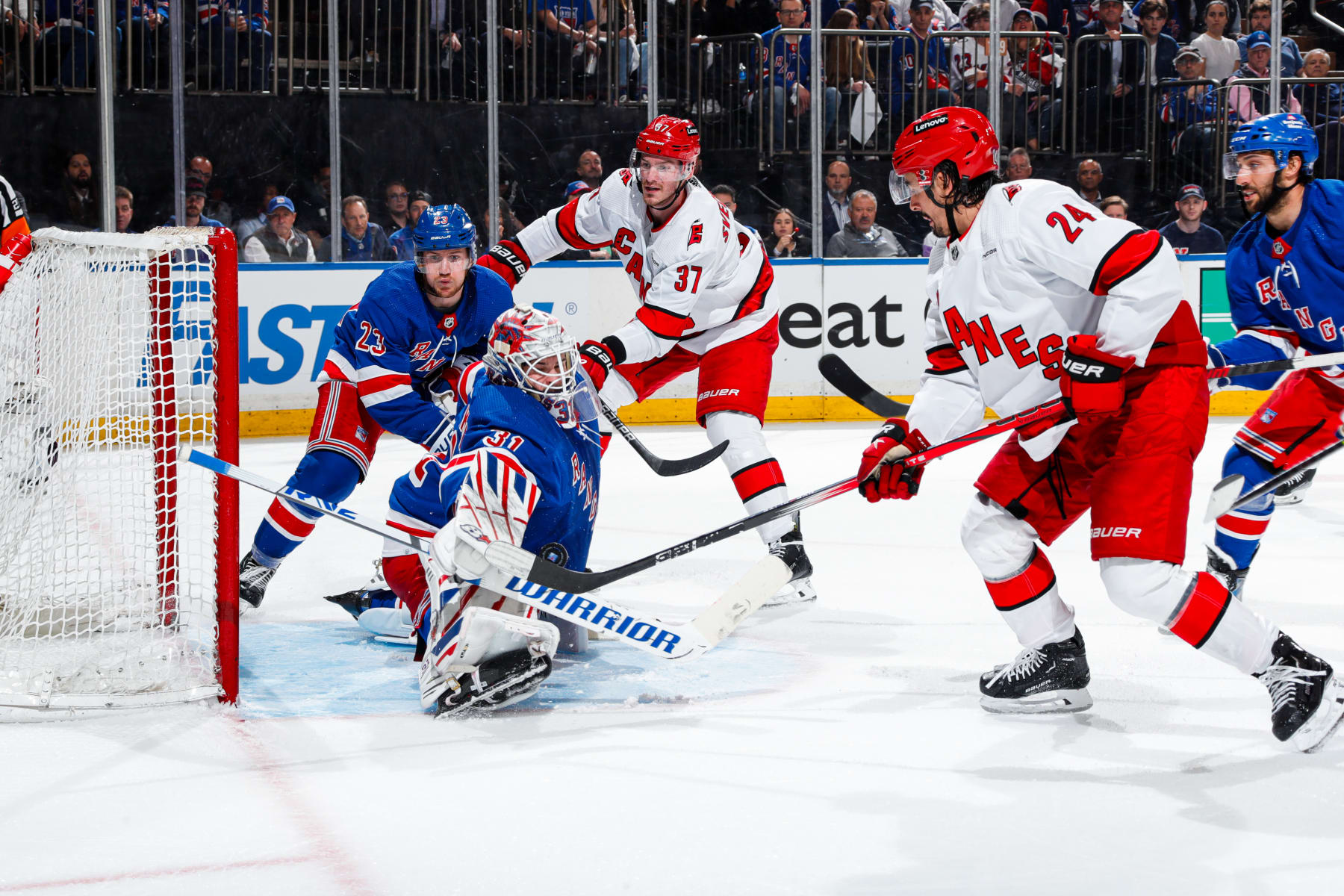 NEW YORK, NEW YORK - MAY 07: Igor Shesterkin #31 of the New York Rangers blocks a shot by Seth Jarvis #24 of the Carolina Hurricanes during the second period in Game Two of the Second Round of the 2024 Stanley Cup Playoffs at Madison Square Garden on May 7, 2024 in New York City. (Photo by Jared Silber/NHLI via Getty Images)