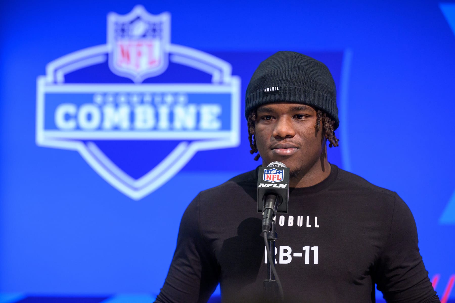 INDIANAPOLIS, IN - MARCH 01: Southern Mississippi running back Frank Gore Jr. answers questions from the media during the NFL Scouting Combine on March 1, 2024, at the Indiana Convention Center in Indianapolis, IN. (Photo by Zach Bolinger/Icon Sportswire via Getty Images)