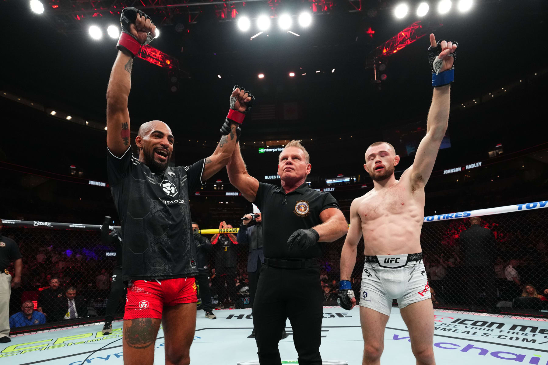 ST LOUIS, MISSOURI - MAY 11: (L-R) Charles Johnson reacts after his victory over Jake Hadley of England in a flyweight fight during the UFC Fight Night event at Enterprise Center on May 11, 2024 in St Louis, Missouri. (Photo by Josh Hedges/Zuffa LLC via Getty Images)
