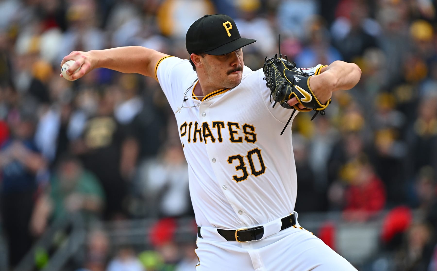 PITTSBURGH, PENNSYLVANIA - MAY 11: Paul Skenes #30 of the Pittsburgh Pirates delivers a pitch in the first inning of his major league debut during the game against the Chicago Cubs at PNC Park on May 11, 2024 in Pittsburgh, Pennsylvania. (Photo by Justin Berl/Getty Images)