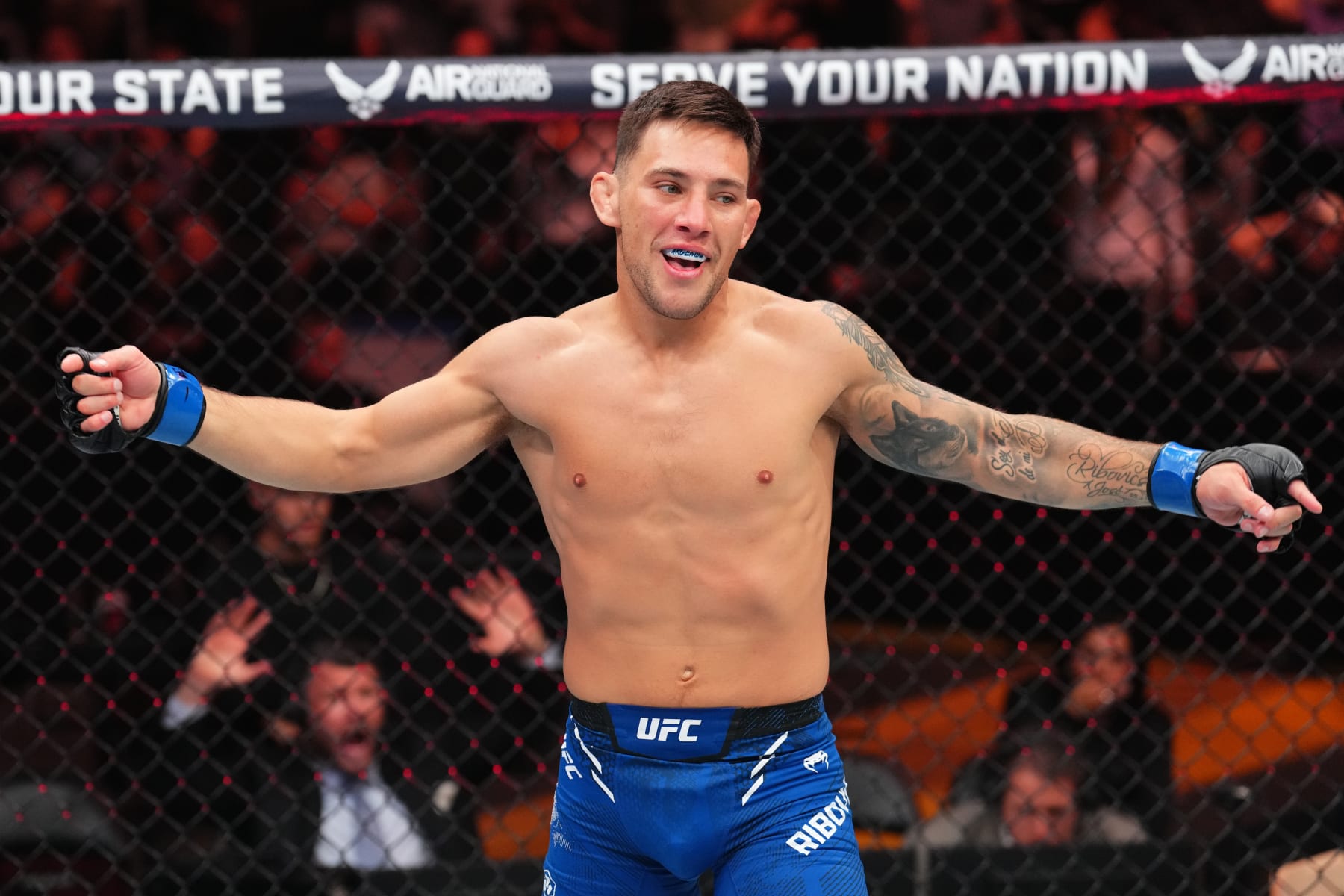 ST LOUIS, MISSOURI - MAY 11: Esteban Ribovics of Argentina reacts after his KO victory over Terrance McKinney in a lightweight fight during the UFC Fight Night event at Enterprise Center on May 11, 2024 in St Louis, Missouri. (Photo by Josh Hedges/Zuffa LLC via Getty Images)