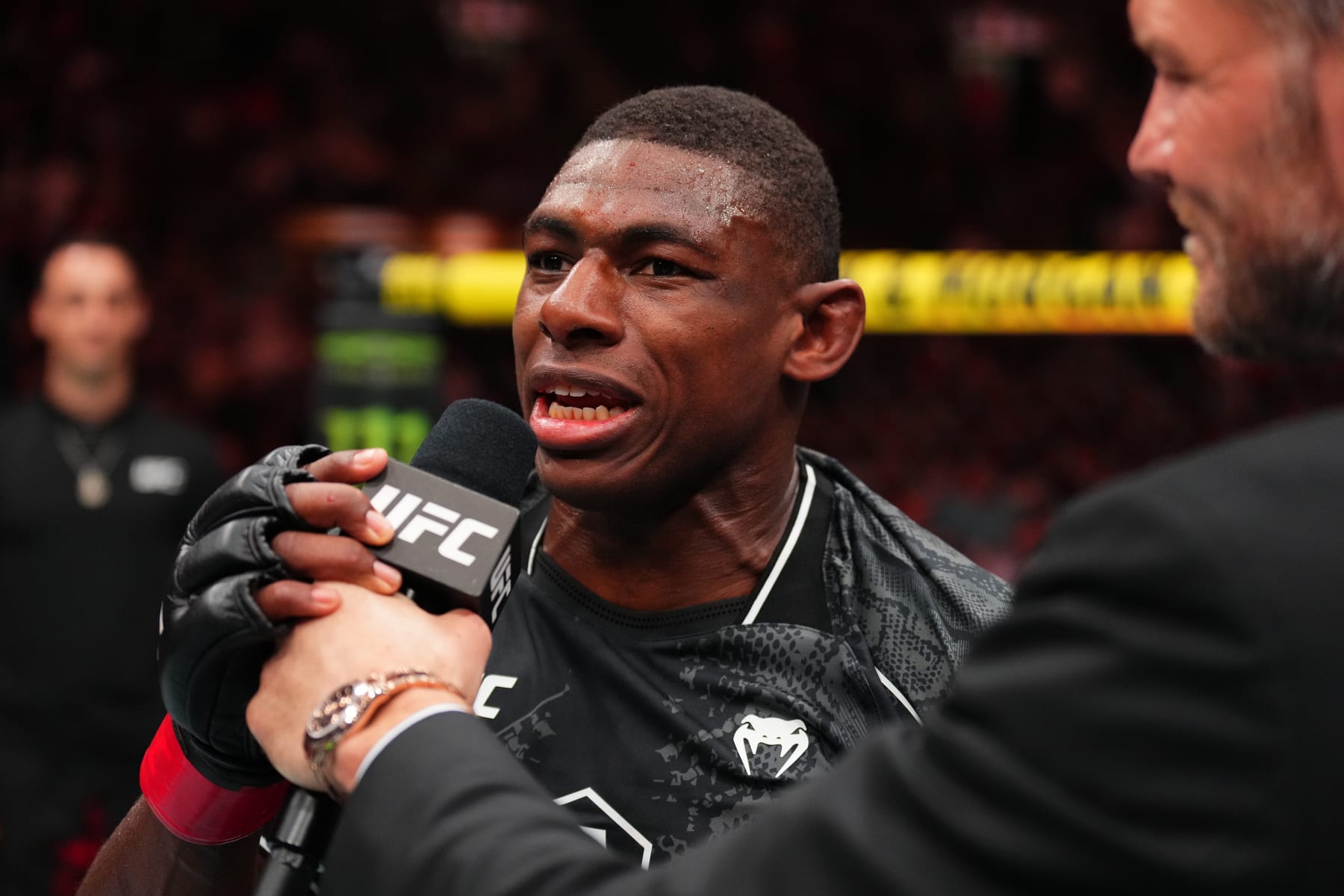 ST LOUIS, MISSOURI - MAY 11: Joaquin Buckley is interviewed after his victory over Nursulton Ruziboev of Uzbekistan a welterweight fight during the UFC Fight Night event at Enterprise Center on May 11, 2024 in St Louis, Missouri. (Photo by Josh Hedges/Zuffa LLC via Getty Images)