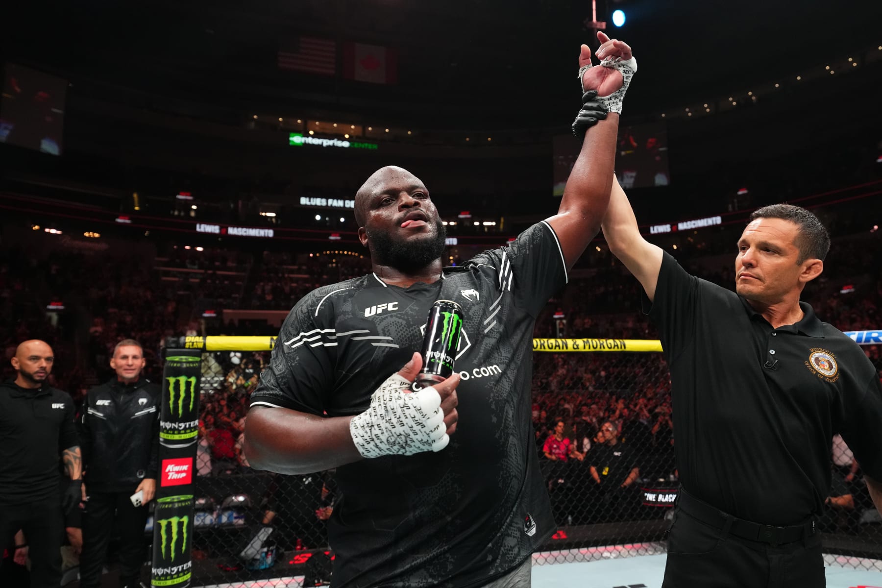 ST LOUIS, MISSOURI - MAY 11: Derrick Lewis reacts after his TKO victory over Rodrigo Nascimento of Brazil in a heavyweight fight during the UFC Fight Night event at Enterprise Center on May 11, 2024 in St Louis, Missouri. (Photo by Josh Hedges/Zuffa LLC via Getty Images)