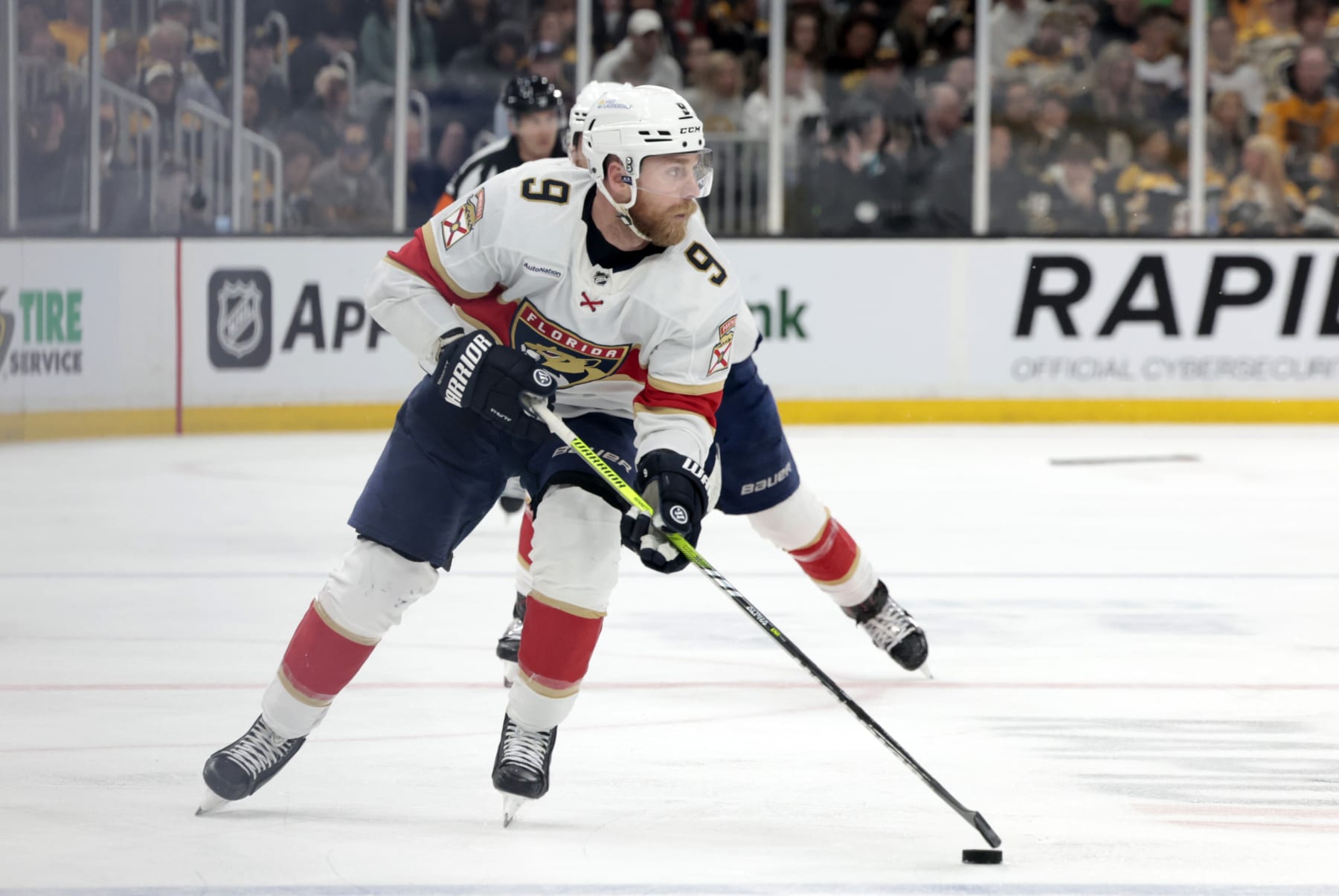 BOSTON, MA - MAY 10: Florida Panthers center Sam Bennett (9) carries the puck during Game 3 of the Eastern Conference Second Round playoffs between the Boston Bruins and the Florida Panthers  on May 10, 2024, at TD Garden in Boston, Massachusetts.(Photo by Fred Kfoury III/Icon Sportswire via Getty Images)