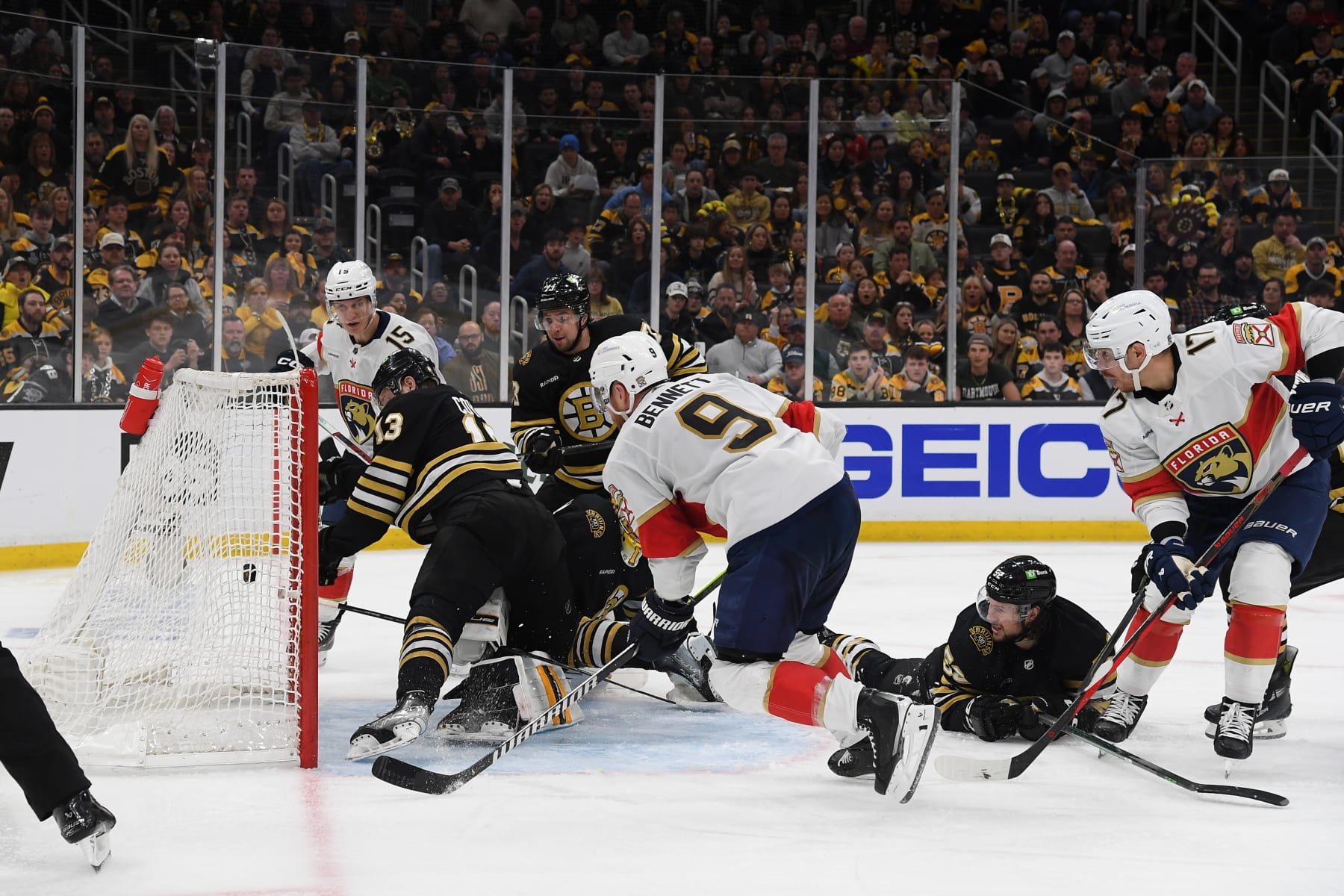 BOSTON, MASSACHUSETTS - MAY 12: Sam Bennett #9 of the Florida Panthers scores in a third-period goal against the Boston Bruins in Game Four of the Second Round of the 2024 Stanley Cup Playoffs at the TD Garden on May 12, 2024 in Boston, Massachusetts. (Photo by Steve Babineau/NHLI via Getty Images)