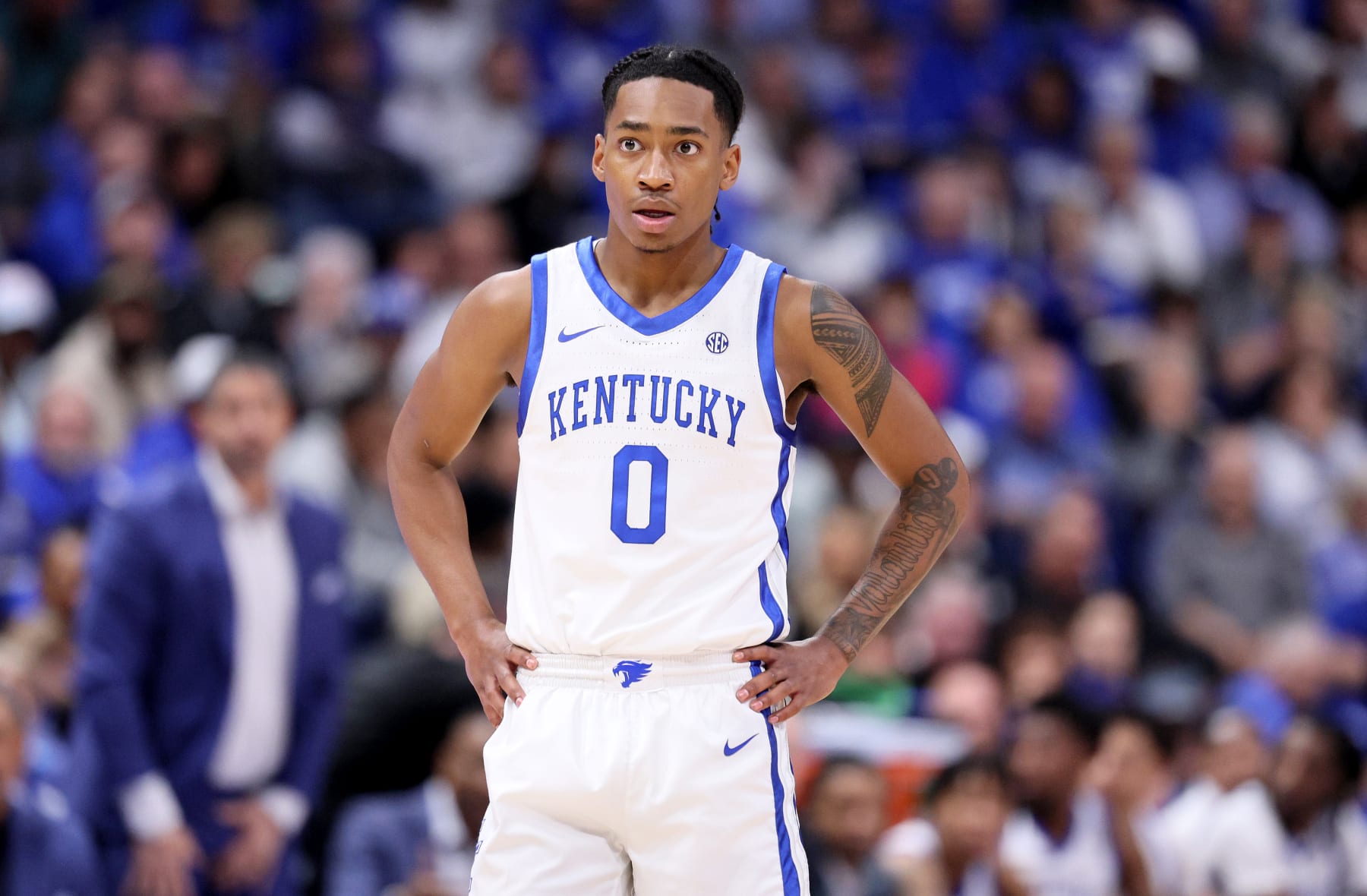 NASHVILLE, TENNESSEE - MARCH 15: Rob Dillingham #0 of the Kentucky Wildcats against the Texas A&M Aggies during the quarterfinals of the SEC Basketball Tournament at Bridgestone Arena on March 15, 2024 in Nashville, Tennessee. (Photo by Andy Lyons/Getty Images)