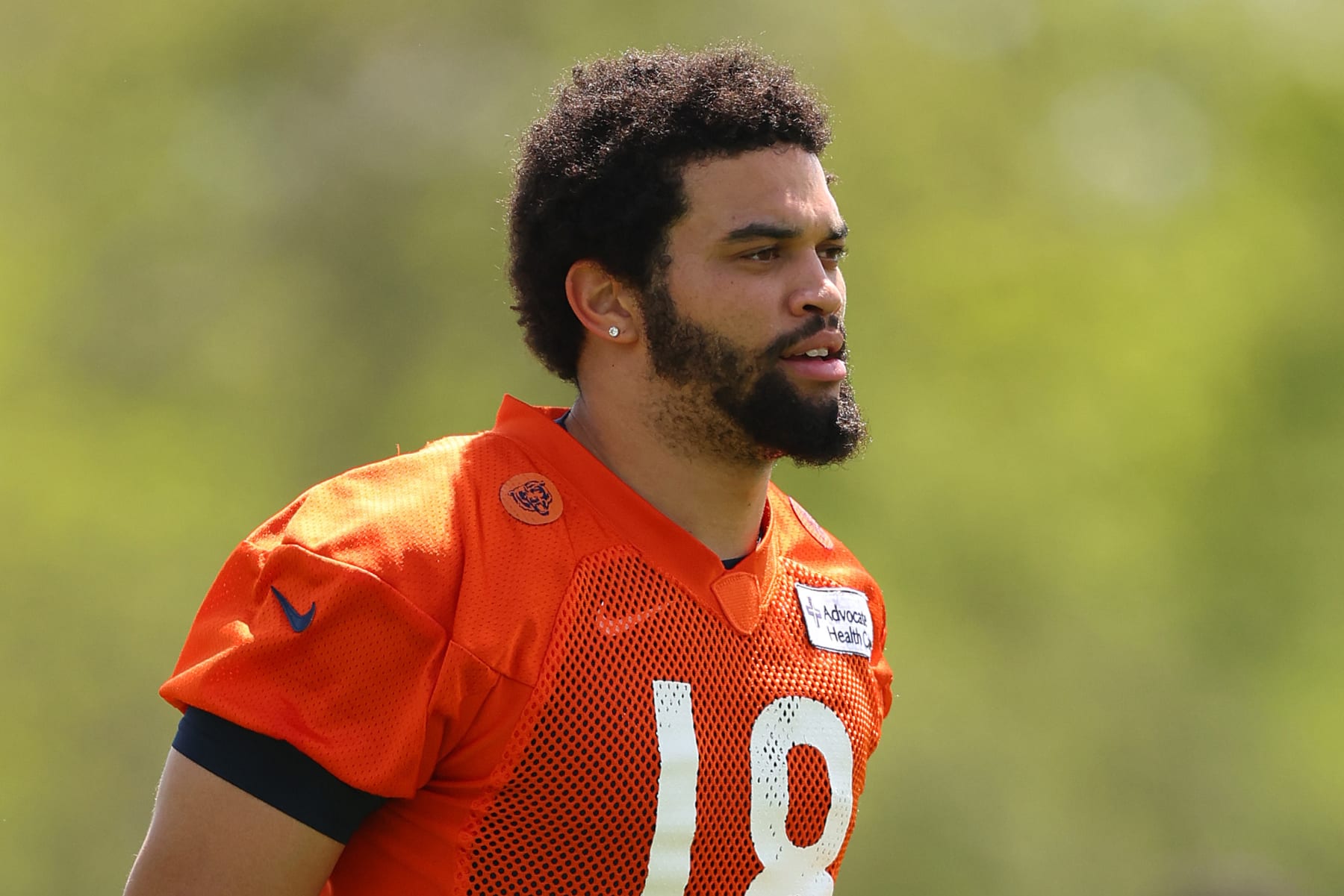 LAKE FOREST, ILLINOIS - MAY 11: Caleb Williams #18 of the Chicago Bears looks on during Chicago Bears Rookie Minicamp at Halas Hall on May 11, 2024 in Lake Forest, Illinois. (Photo by Michael Reaves/Getty Images)