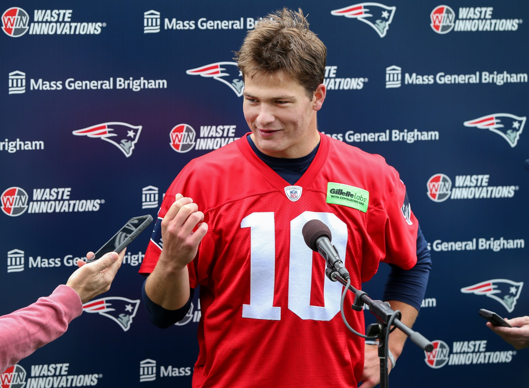 Foxborough, MA - May 11: New England Patriots QB Drake Maye talks with the media at the team's 2024 Rookie Mini-Camp. (Photo by Jonathan Wiggs/The Boston Globe via Getty Images)