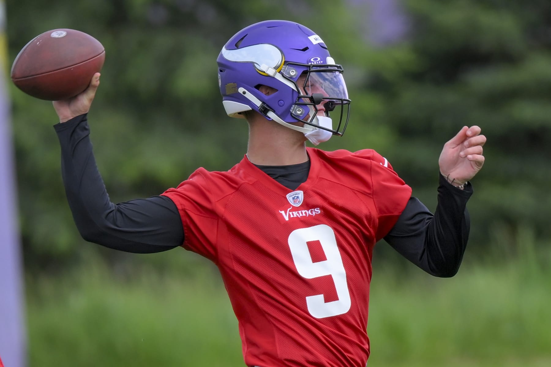 EAGAN, MN - MAY 10: Minnesota Vikings quarterback J.J. McCarthy (9) makes a pass during Minnesota Vikings Rookie Camp on May 10, 2024, at TCO Performance Center in Eagan, MN.(Photo by Nick Wosika/Icon Sportswire via Getty Images)