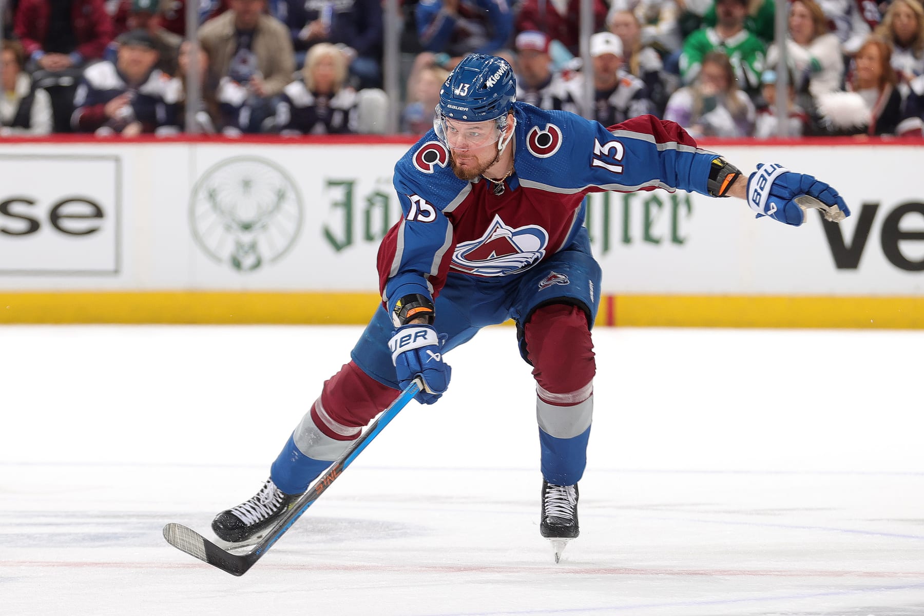 DENVER, COLORADO - MAY 11: Valeri Nichushkin #13 of the Colorado Avalanche skates against the Dallas Stars in Game Three of the Second Round of the 2024 Stanley Cup Playoffs at Ball Arena on May 11, 2024 in Denver, Colorado. (Photo by Michael Martin/NHLI via Getty Images)
