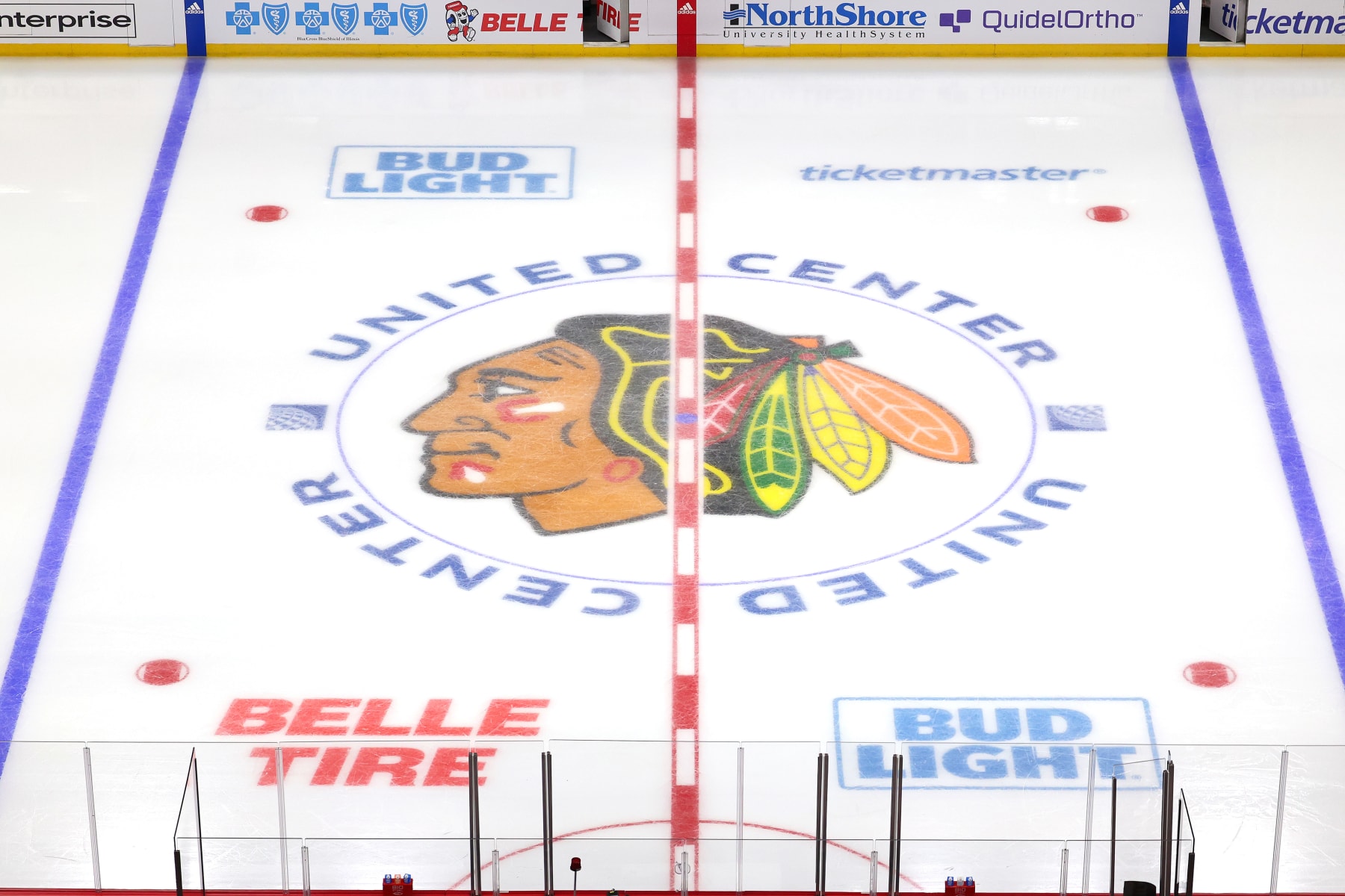 CHICAGO, ILLINOIS - OCTOBER 03: A detail view of the Chicago Blackhawks logo prior to the preseason game between the against the Detroit Red Wings at the United Center on October 03, 2023 in Chicago, Illinois. (Photo by Michael Reaves/Getty Images)