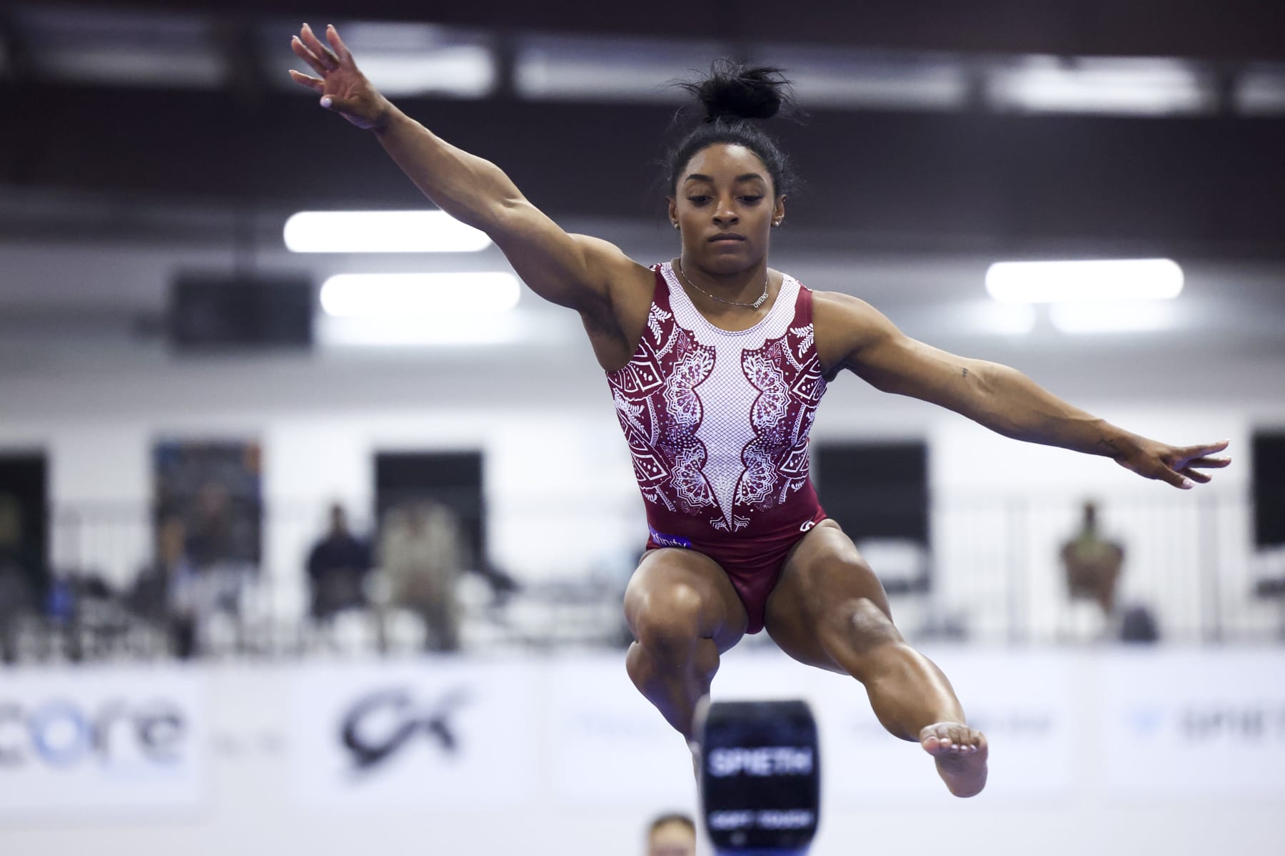 KATY, TEXAS - FEBRUARY 05: Simone Biles participates in a workout on February 05, 2024 in Katy, Texas. (Photo by Carmen Mandato/Getty Images)
