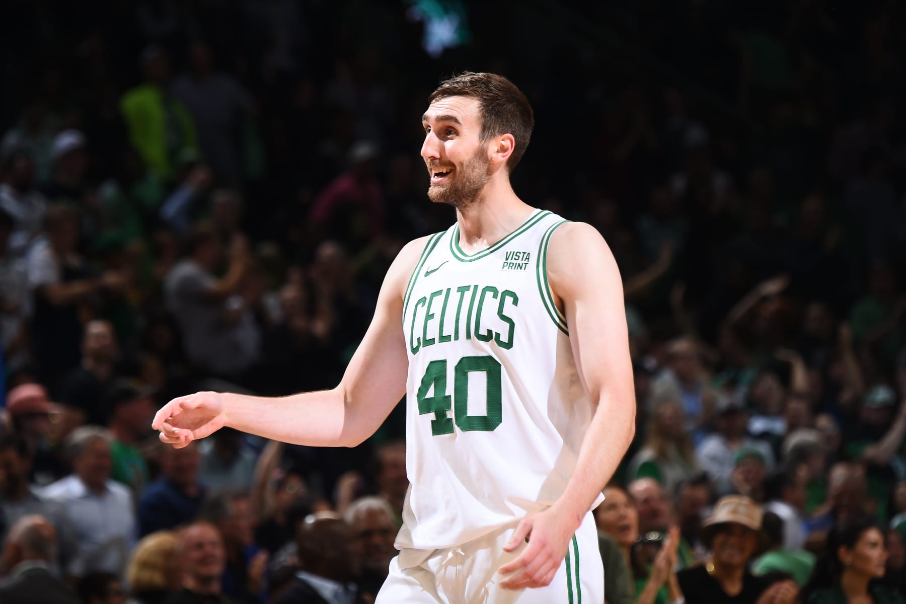 BOSTON, MA - MAY 7: Luke Kornet #40 of the Boston Celtics smiles during the game against the Cleveland Cavaliers during Round 2 Game 1 on May 7, 2024 at the TD Garden in Boston, Massachusetts. NOTE TO USER: User expressly acknowledges and agrees that, by downloading and or using this photograph, User is consenting to the terms and conditions of the Getty Images License Agreement. Mandatory Copyright Notice: Copyright 2024 NBAE (Photo by Brian Babineau/NBAE via Getty Images)