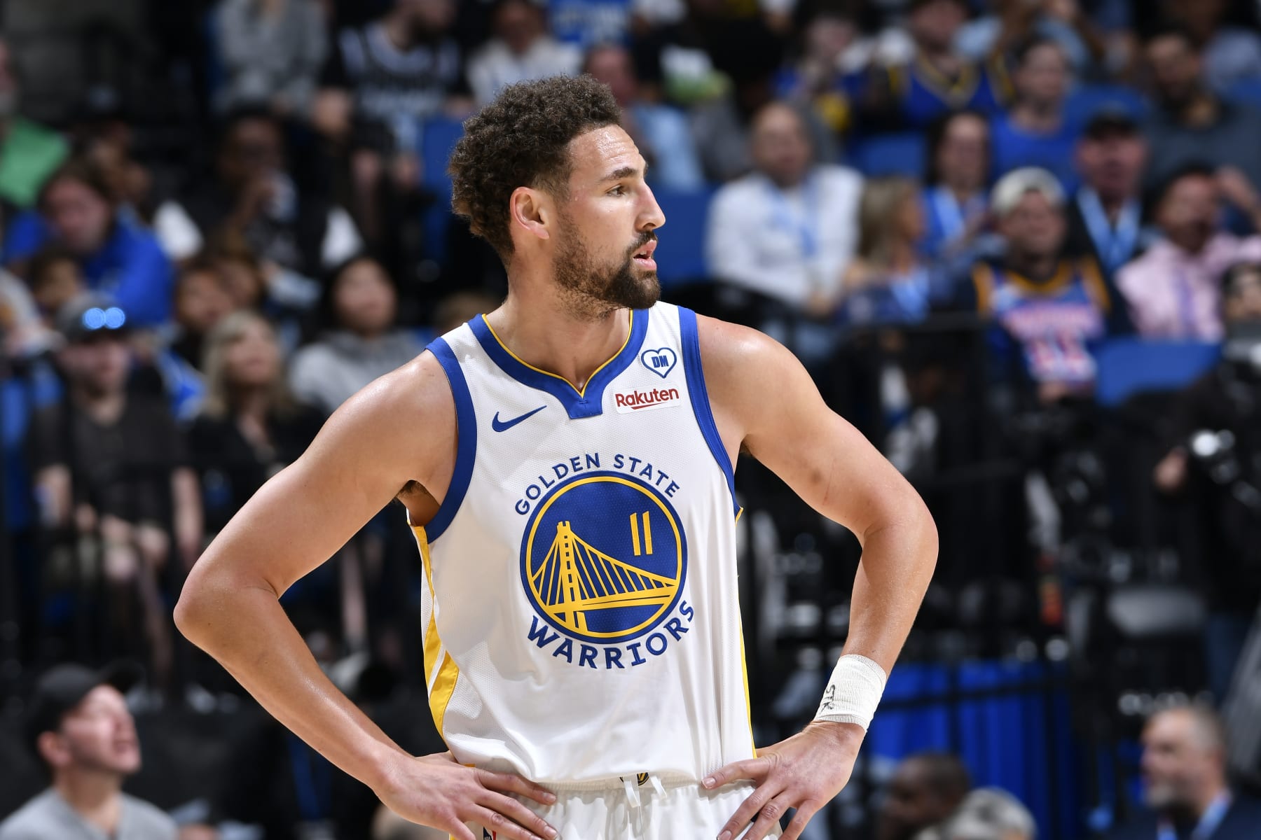 ORLANDO, FL - MARCH 27: Klay Thompson #11 of the Golden State Warriors looks on during the game against the Orlando Magic on March 27, 2024 at Amway Center in Orlando, Florida. NOTE TO USER: User expressly acknowledges and agrees that, by downloading and or using this photograph, User is consenting to the terms and conditions of the Getty Images License Agreement. Mandatory Copyright Notice: Copyright 2024 NBAE (Photo by Fernando Medina/NBAE via Getty Images)
