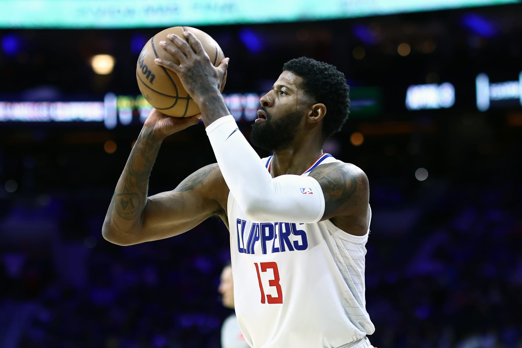 PHILADELPHIA, PENNSYLVANIA - MARCH 27: Paul George #13 of the LA Clippers shoots during the first quarter against the Philadelphia 76ers at the Wells Fargo Center on March 27, 2024 in Philadelphia, Pennsylvania. NOTE TO USER: User expressly acknowledges and agrees that, by downloading and or using this photograph, User is consenting to the terms and conditions of the Getty Images License Agreement. (Photo by Tim Nwachukwu/Getty Images)
