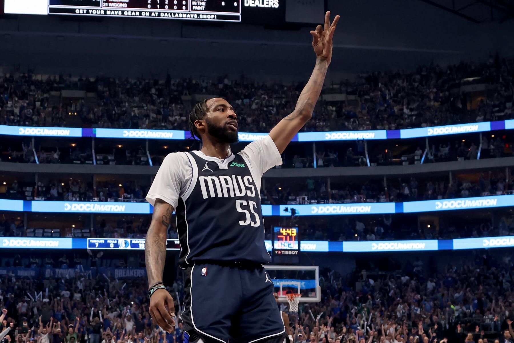 DALLAS, TEXAS - MAY 13: Derrick Jones Jr. #55 of the Dallas Mavericks reacts after making a three point shot during the first quarter in Game Four of the Western Conference Second Round Playoffs at American Airlines Center on May 13, 2024 in Dallas, Texas. NOTE TO USER: User expressly acknowledges and agrees that, by downloading and or using this photograph, User is consenting to the terms and conditions of the Getty Images License Agreement. (Photo by Tim Heitman/Getty Images)