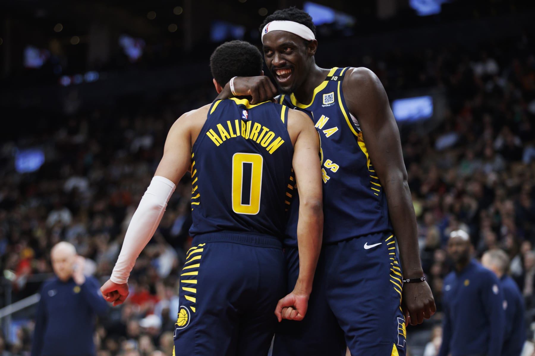 TORONTO, CANADA - APRIL 9: Tyrese Haliburton #0 and Pascal Siakam #43 of the Indiana Pacers react against the Toronto Raptors during second half of their NBA game at Scotiabank Arena on April 9, 2024 in Toronto, Canada. NOTE TO USER: User expressly acknowledges and agrees that, by downloading and or using this photograph, User is consenting to the terms and conditions of the Getty Images License Agreement. (Photo by Cole Burston/Getty Images)