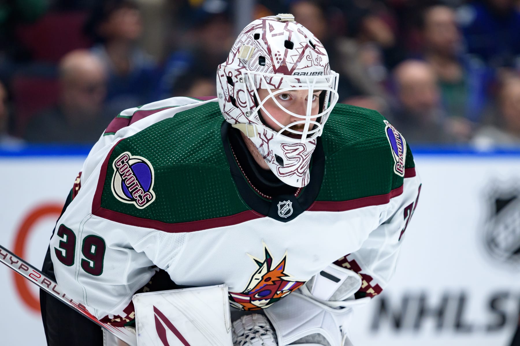 VANCOUVER, CANADA - APRIL 10: Connor Ingram #39 of the Arizona Coyotes in net during the first period of the NHL game against the Vancouver Canucks at Rogers Arena on April 10, 2024 in Vancouver, British Columbia, Canada. (Photo by Derek Cain/Getty Images)