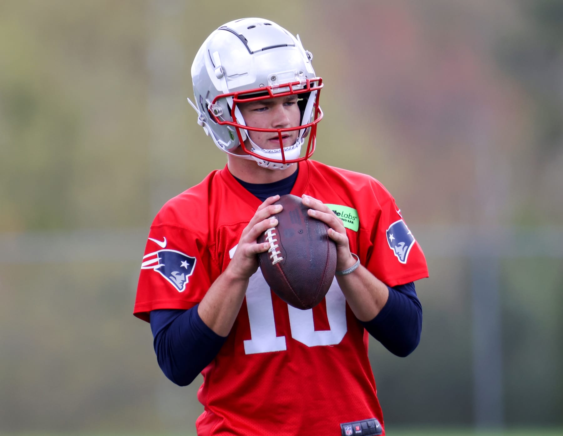 Foxborough, MA - May 11: New England Patriots QB Drake Maye at the team's 2024 Rookie Mini-Camp. (Photo by Jonathan Wiggs/The Boston Globe via Getty Images)