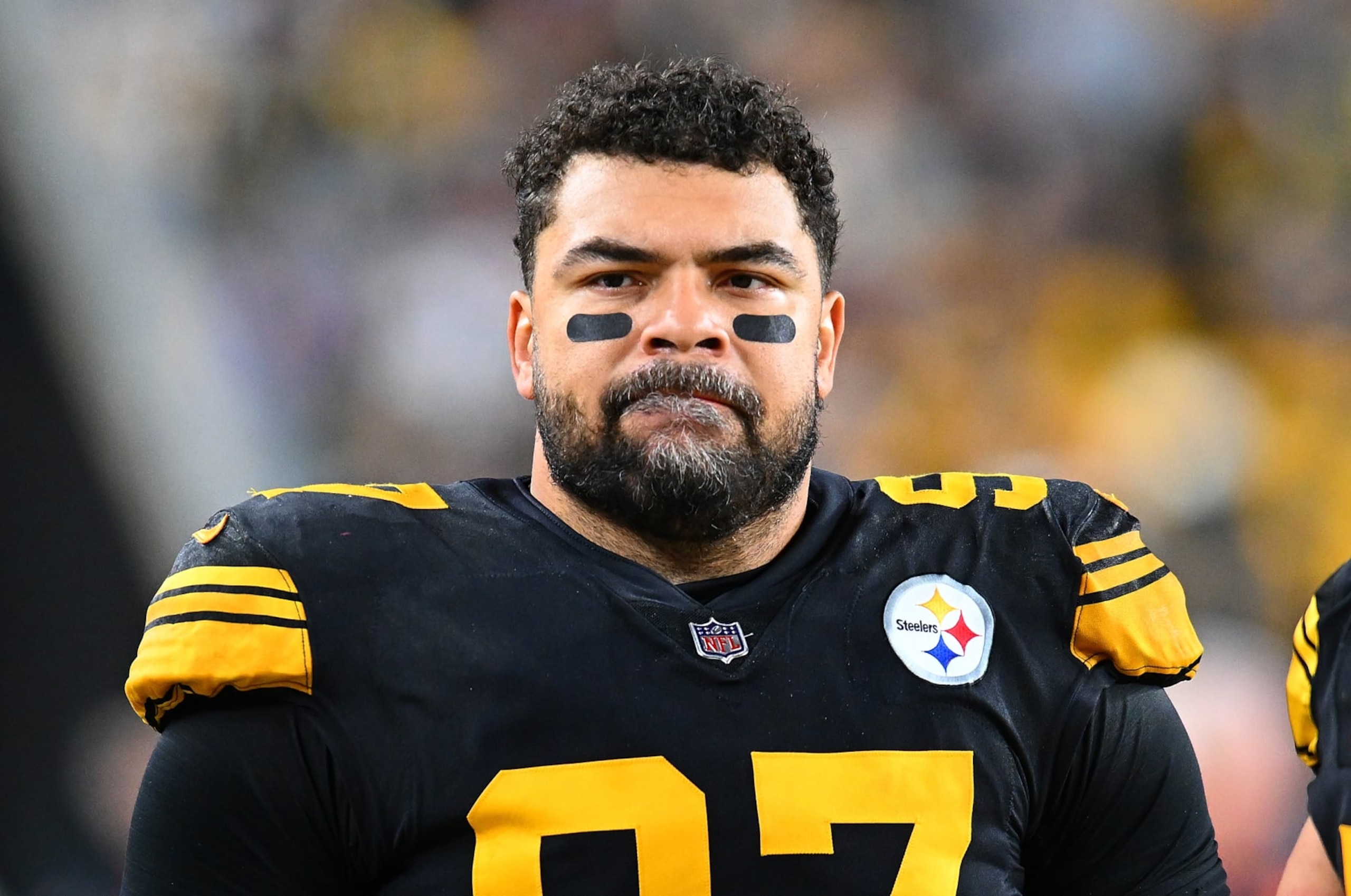 PITTSBURGH, PENNSYLVANIA - DECEMBER 7:  Cameron Heyward #97 of the Pittsburgh Steelers looks on during the game against the New England Patriots at Acrisure Stadium on December 7, 2023 in Pittsburgh, Pennsylvania. (Photo by Joe Sargent/Getty Images)