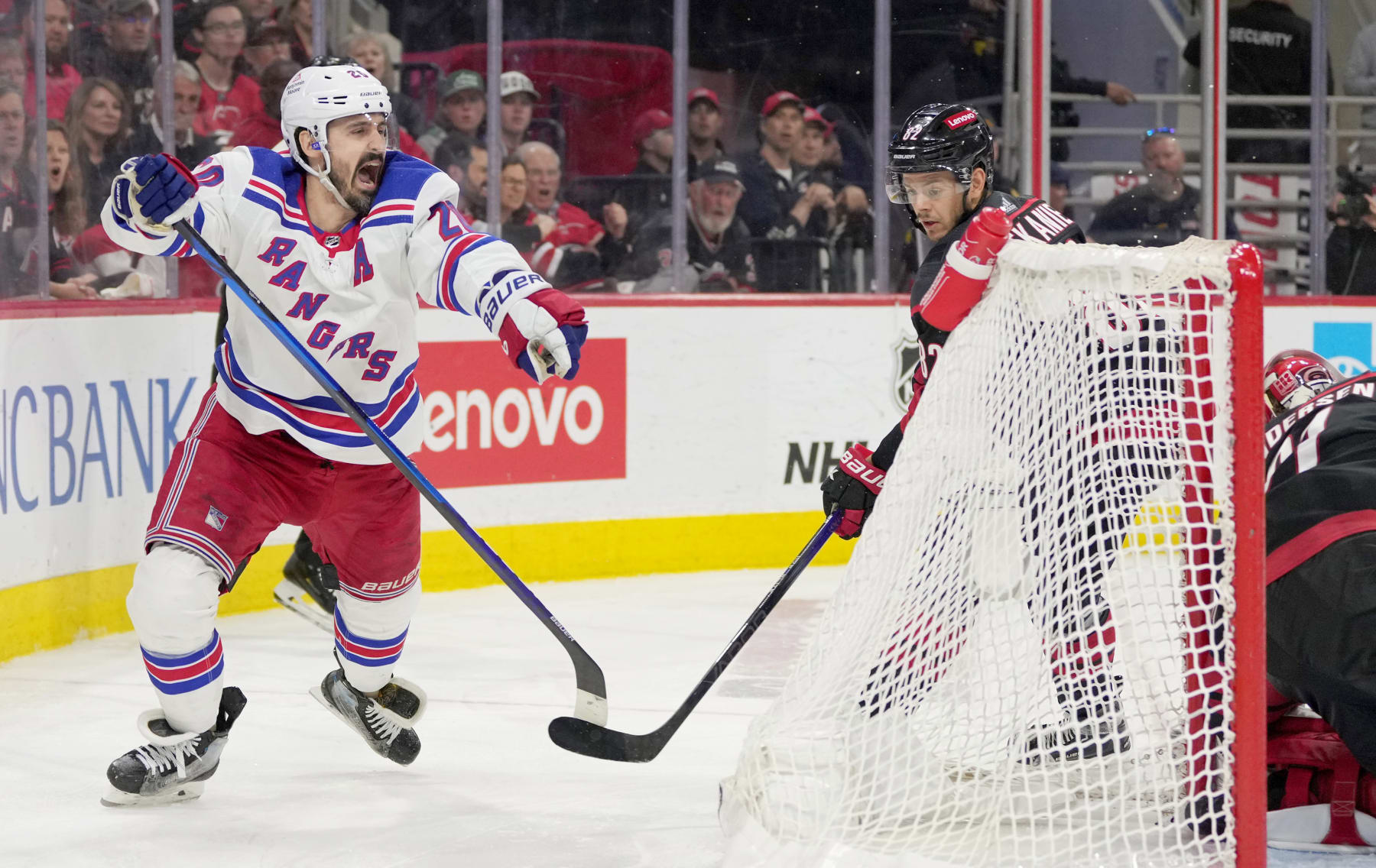 RALEIGH, NORTH CAROLINA - MAY 16: Chris Kreider #20 of the New York Rangers celebrates a goal against the Carolina Hurricanes during the third period in Game Six of the Second Round of the 2024 Stanley Cup Playoffs at PNC Arena on May 16, 2024 in Raleigh, North Carolina. (Photo by Grant Halverson/Getty Images)