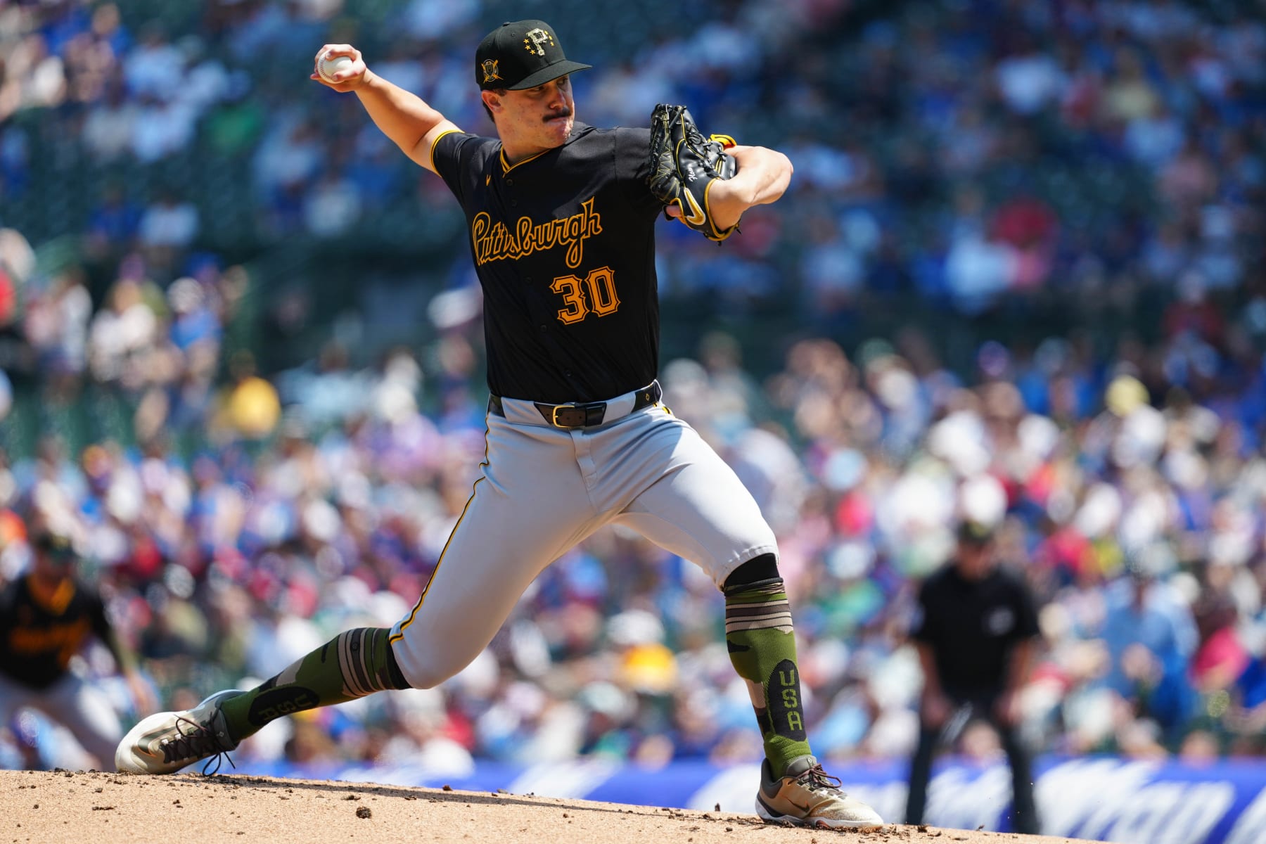 CHICAGO, IL - MAY 17:   Paul Skenes #30 of the Pittsburgh Pirates pitches during the game between the Pittsburgh Pirates and the Chicago Cubs at Wrigley Field on Friday, May 17, 2024 in Chicago, Illinois. (Photo by Daniel Shirey/MLB Photos via Getty Images)