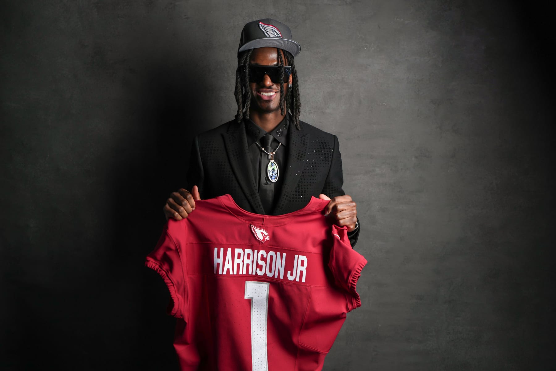 DETROIT, MI - APRIL 25: Wide receiver Marvin Harrison Jr. poses for portraits after being selected fourth overall in the first round by the Arizona Cardinals during the 2024 NFL draft on April 25, 2024 in Detroit, Michigan. (Photo by Todd Rosenberg/Getty Images)