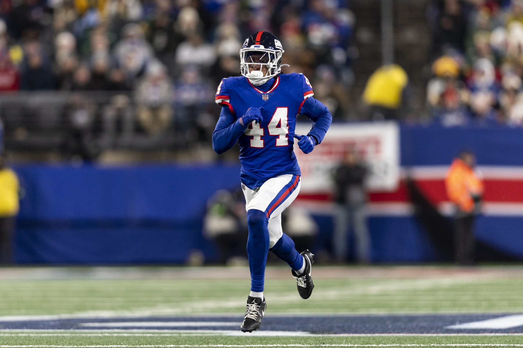 EAST RUTHERFORD, NEW JERSEY - DECEMBER 11: Nick McCloud #44 of the New York Giants runs during an NFL football game between the New York Giants and the Green Bay Packers at MetLife Stadium on December 11, 2023 in East Rutherford, New Jersey. (Photo by Michael Owens/Getty Images)