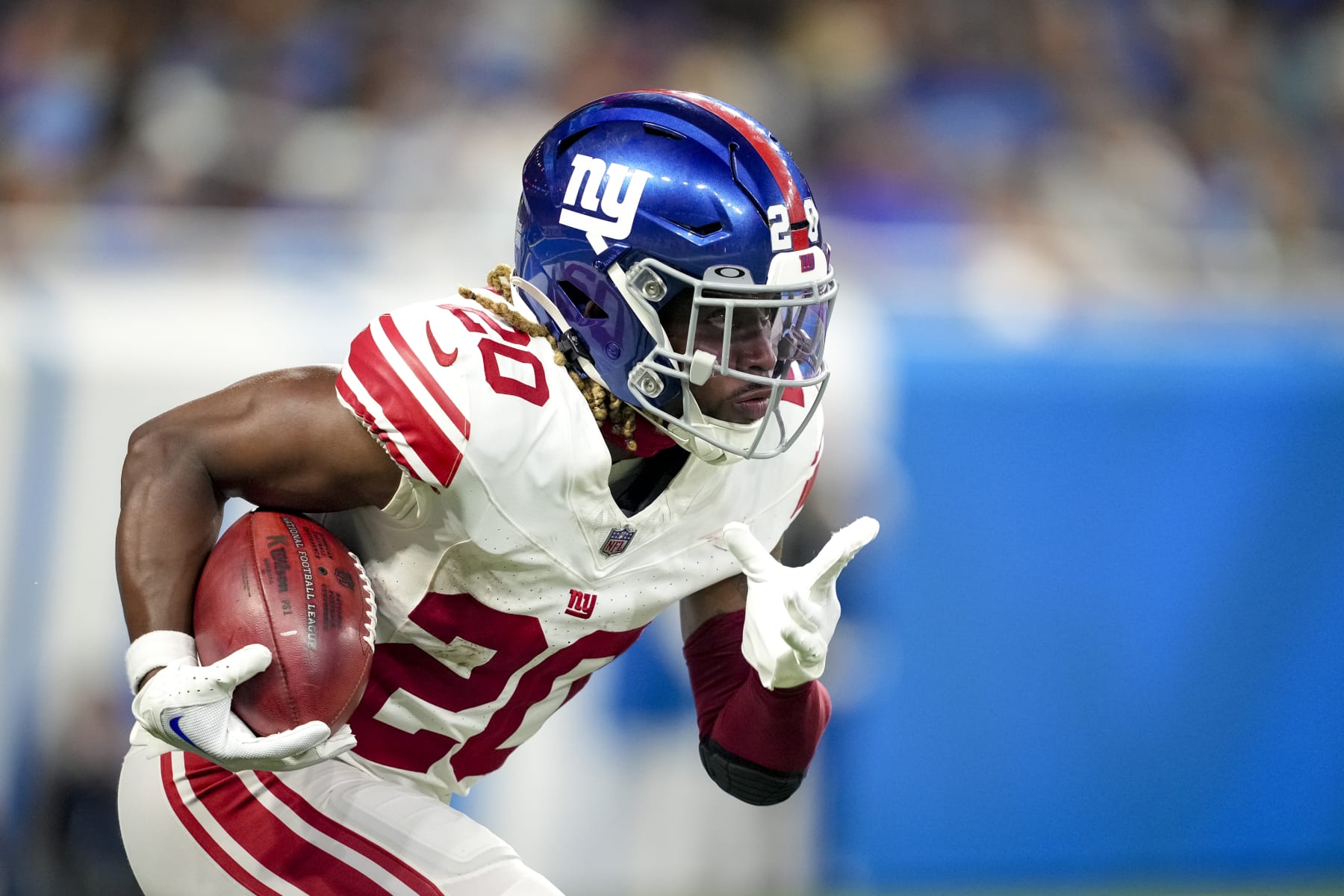DETROIT, MICHIGAN - AUGUST 11: Eric Gray #20 of the New York Giants runs the ball against the Detroit Lions during the third quarter of the preseason game at Ford Field on August 11, 2023 in Detroit, Michigan. (Photo by Nic Antaya/Getty Images)