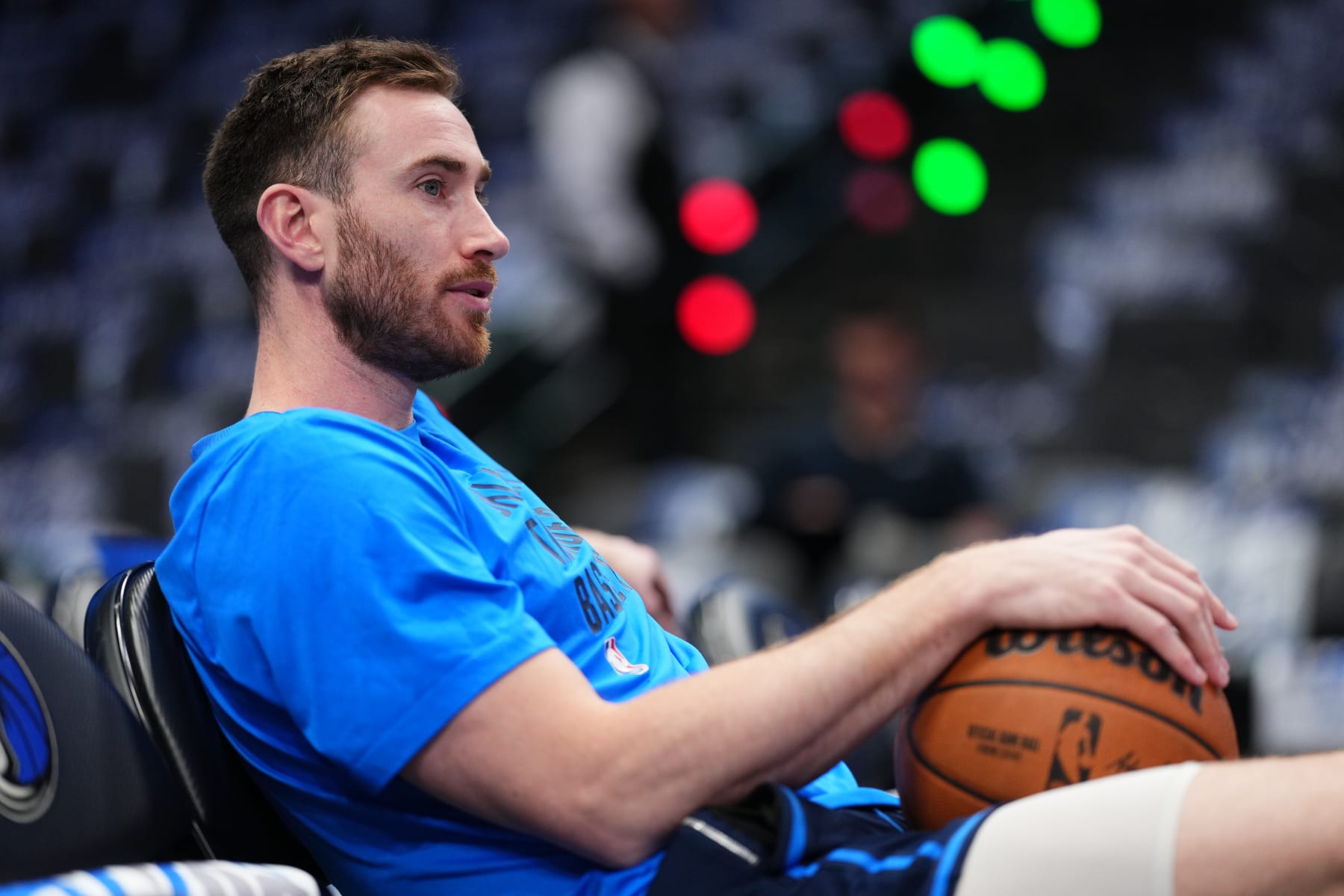 DALLAS, TX - MAY 18: Gordon Hayward #33 of the Oklahoma City Thunder looks on before the game against the Dallas Mavericks during Round 2 Game 6 of the 2024 NBA Playoffs on May 18, 2024 at the American Airlines Center in Dallas, Texas. NOTE TO USER: User expressly acknowledges and agrees that, by downloading and or using this photograph, User is consenting to the terms and conditions of the Getty Images License Agreement. Mandatory Copyright Notice: Copyright 2024 NBAE (Photo by Cooper Neill/NBAE via Getty Images)