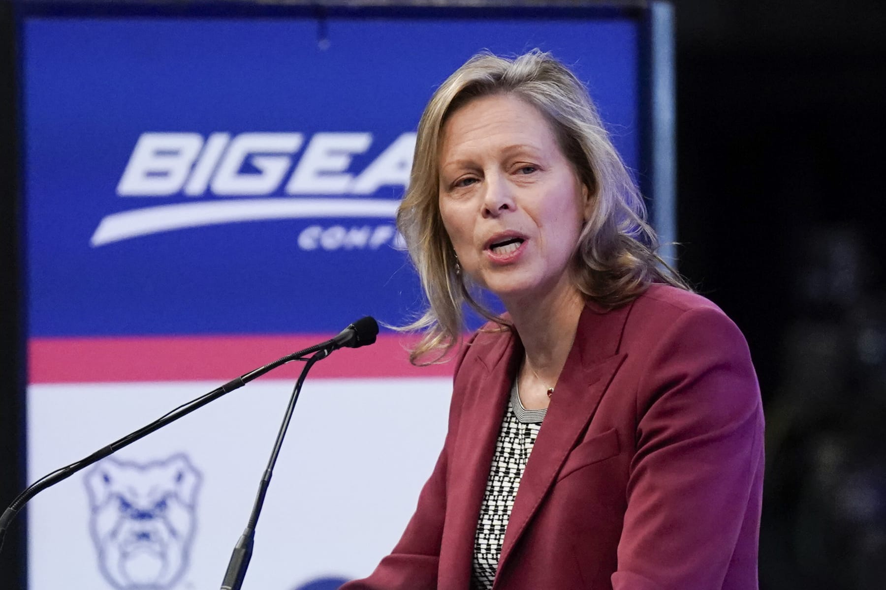 NEW YORK, NY - OCTOBER 24:  Big East Commissioner Val Ackerman speaks during Big East basketball media day at Madison Square Garden on October 24, 2023 in New York City. (Photo by Porter Binks/Getty Images)