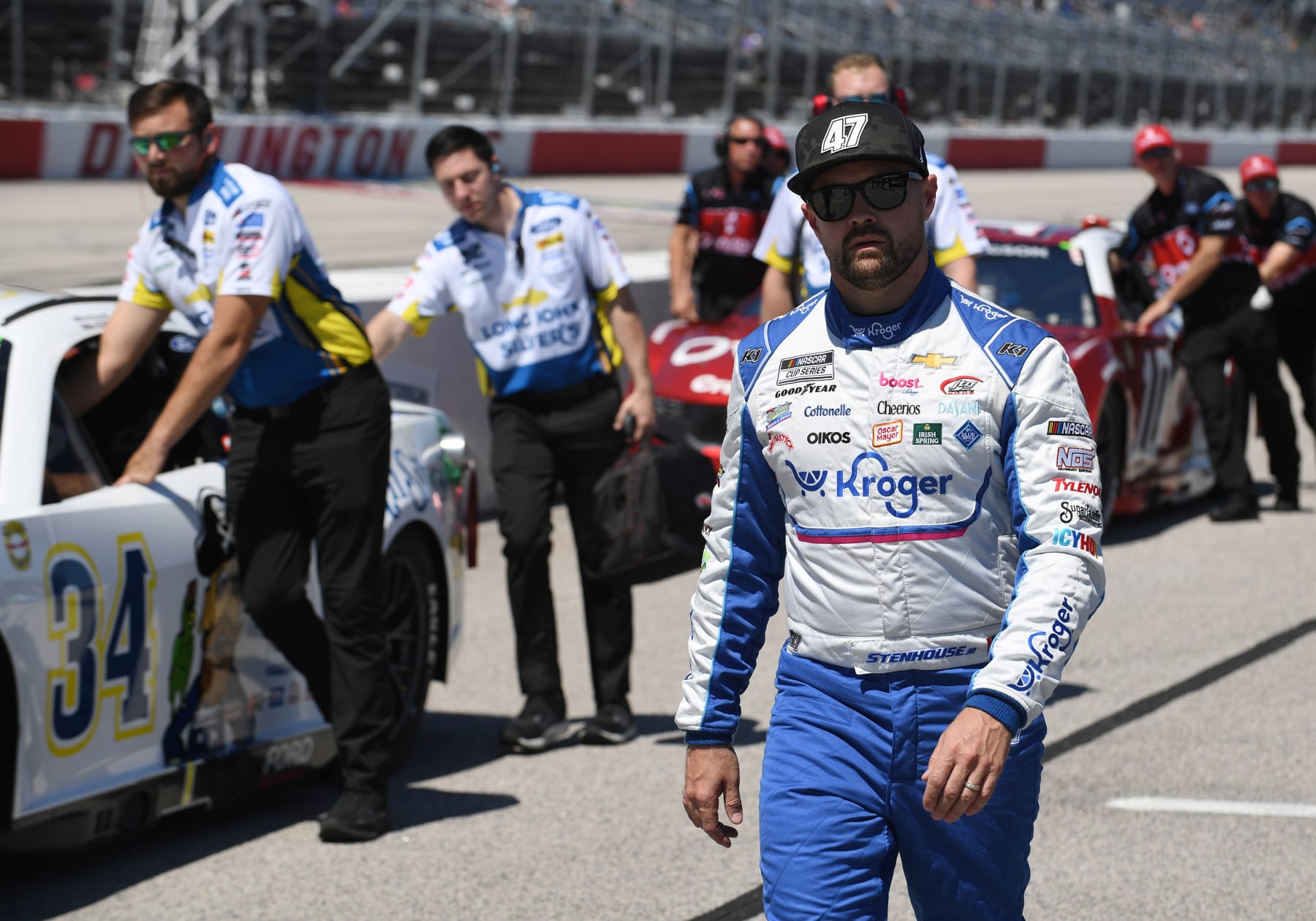 DARLINGTON, SC - MAY 11: Ricky Stenhouse Jr (#47 JTG Daugherty Racing Oscar Mayer/Artesano Bread Chevrolet) looks on during qualifying  for the running of the NASCAR Cup Series Goodyear 400 on May 11, 2024, at Darlington Raceway in Darlington, SC. (Photo by Jeffrey Vest/Icon Sportswire via Getty Images)