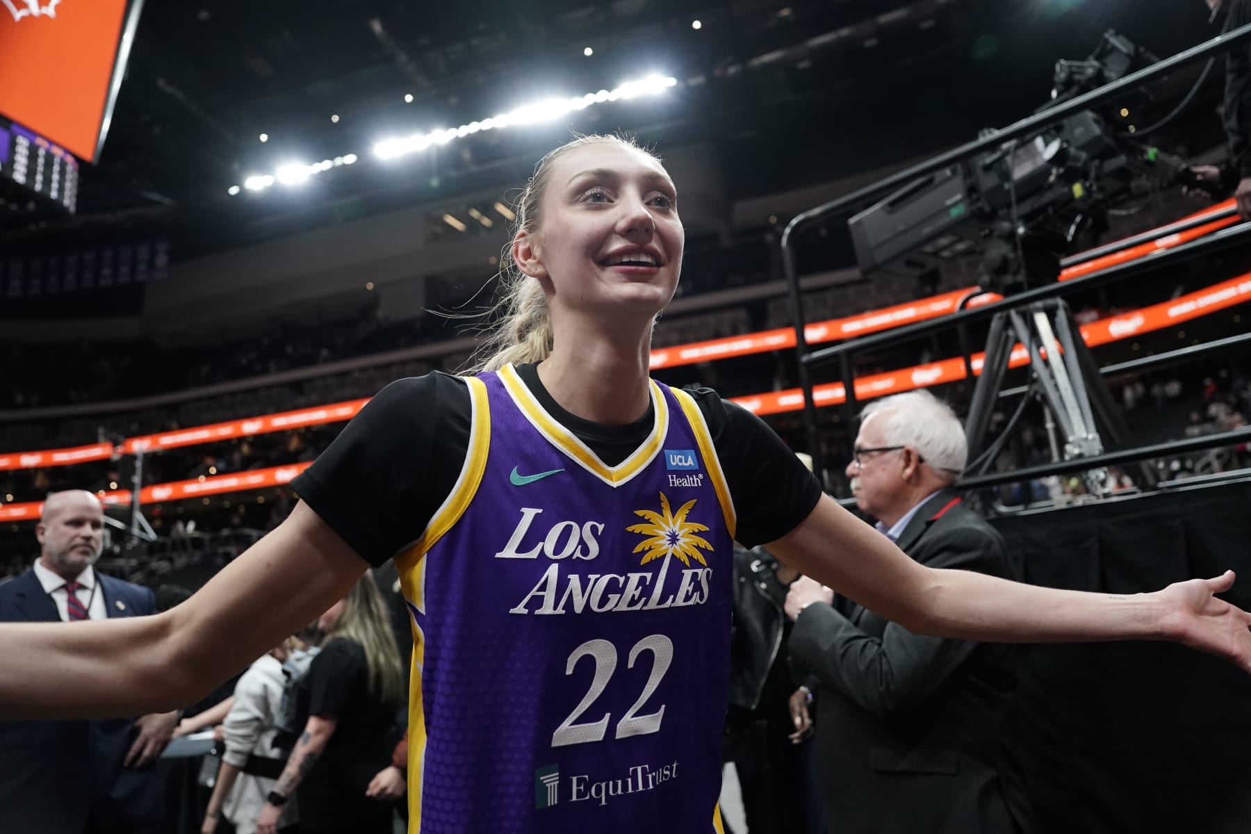 EDMONTON, CANADA - MAY 4: Cameron Brink #22 of the Los Angeles Sparks smiles after the game against the Seattle Storm during the WNBA preseason game on May 4, 2024 at Rodgers Place in Edmonton, Canada. NOTE TO USER: User expressly acknowledges and agrees that, by downloading and/or using this Photograph, user is consenting to the terms and conditions of the Getty Images License Agreement. Mandatory Copyright Notice: Copyright 2024 NBAE (Photo by Jordan Jones/NBAE via Getty Images)