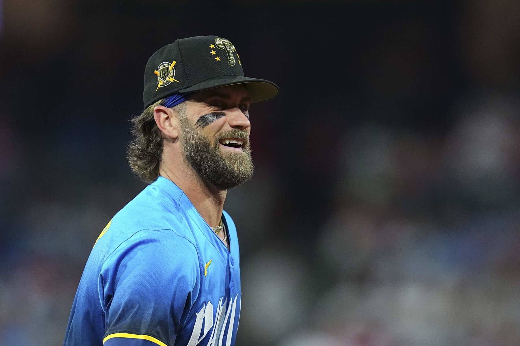 PHILADELPHIA, PENNSYLVANIA - MAY 17: Bryce Harper #3 of the Philadelphia Phillies smiles against the Washington Nationals at Citizens Bank Park on May 17, 2024 in Philadelphia, Pennsylvania. The Phillies defeated the Nationals 4-2. (Photo by Mitchell Leff/Getty Images)