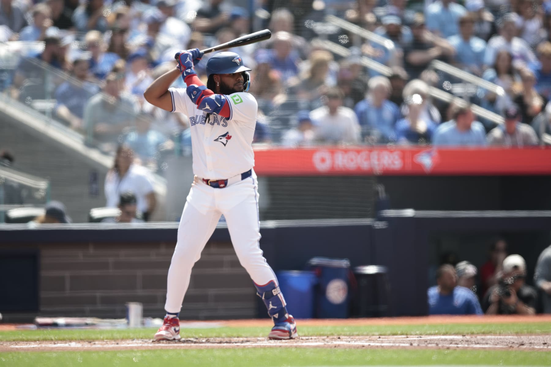 TORONTO. Toronto Blue Jays slugger Vladimir Guerrero Jr  just before first pitch from Zach Eflin of the Tampa Bay Rays in Toronto on Saturday with the roof open, it must be summer!  (R.J.Johnston/Toronto Star)  R.J. Johnston/Toronto Star        (R.J. Johnston/Toronto Star via Getty Images)