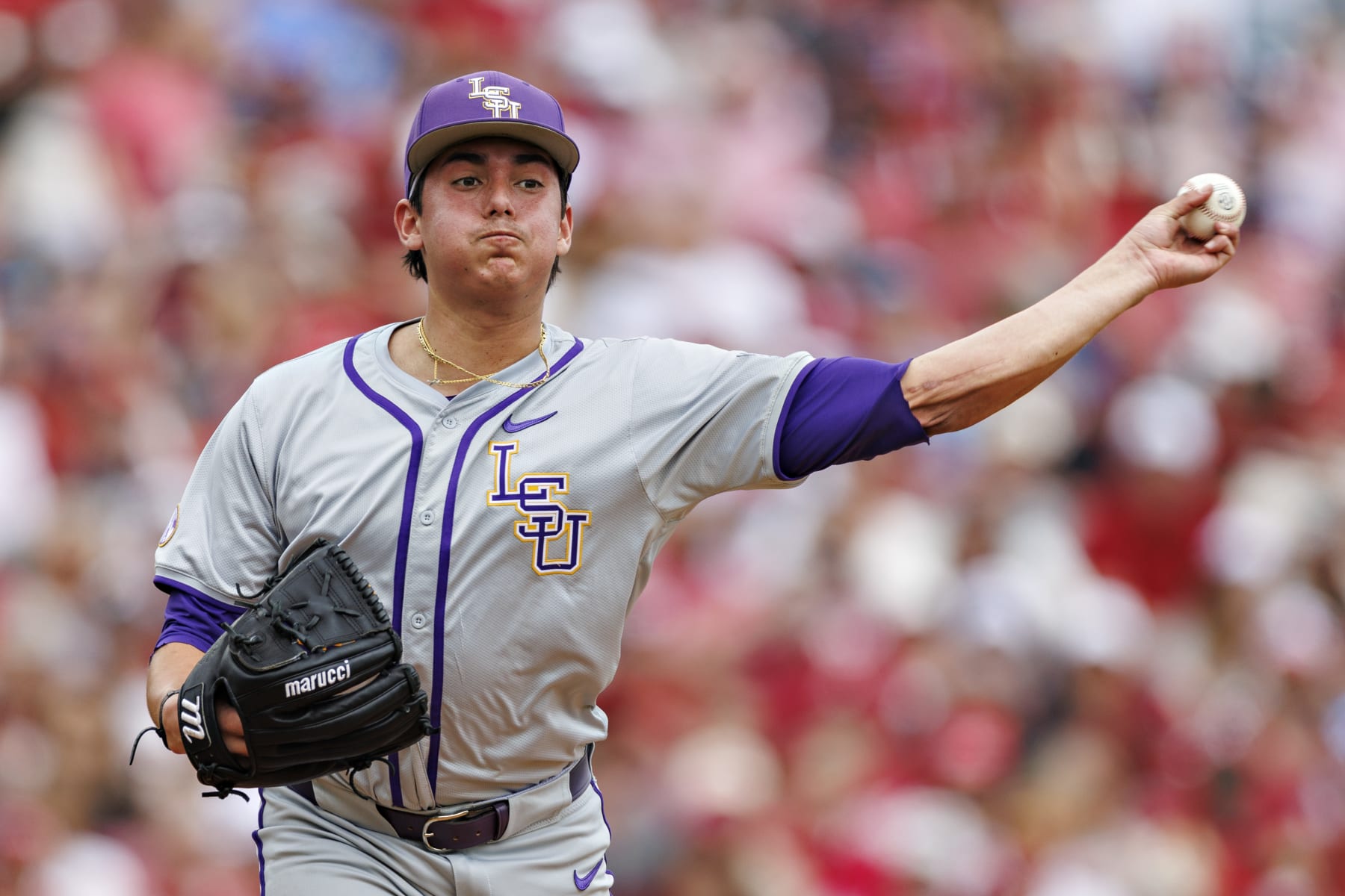 FAYETTEVILLE, ARKANSAS - MARCH 30: Gage Jump #23 of the LSU Tigers throws to first base during the game against the Arkansas Razorbacks at Baum-Walker Stadium at George Cole Field on March 30, 2024 in Fayetteville, Arkansas. The Razorbacks defeated the Tigers 7-5. (Photo by Wesley Hitt/Getty Images)