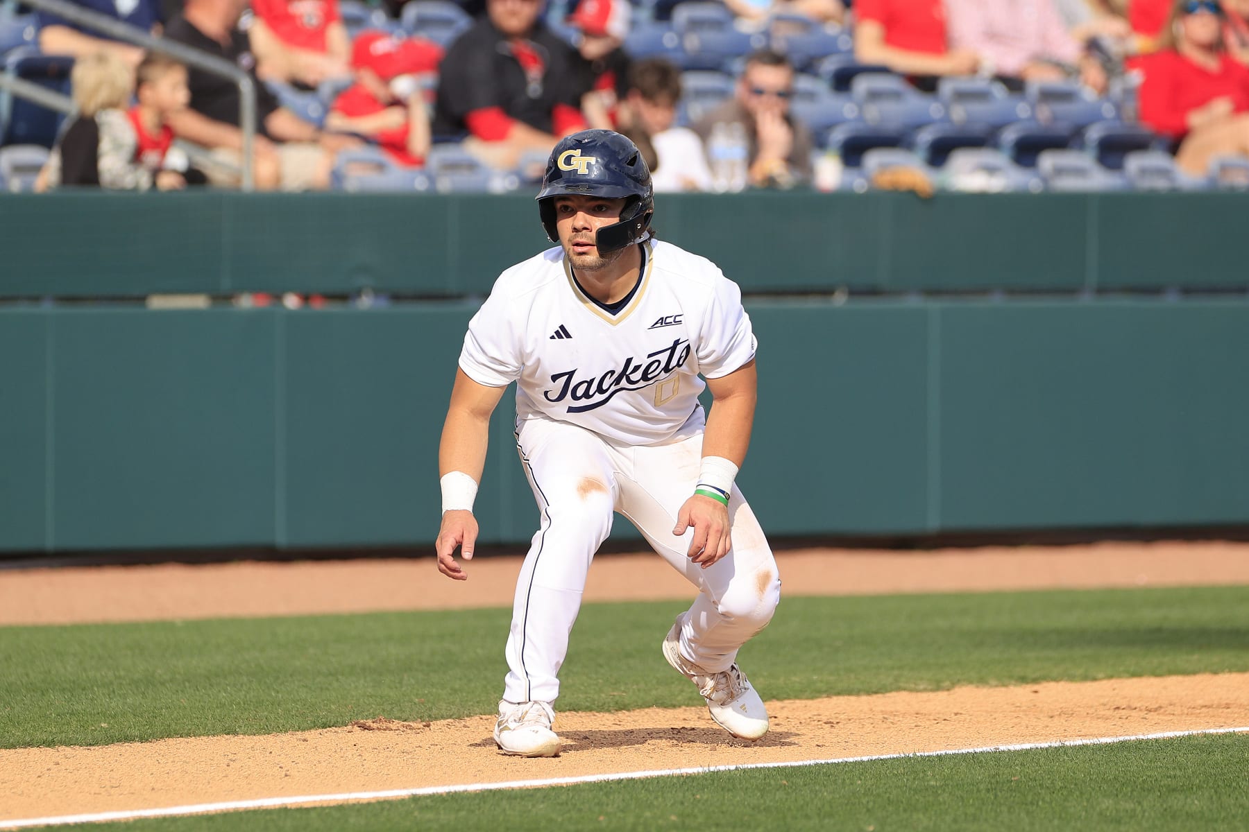 LAWRENCEVILLE, GA - MARCH 03: Georgia Tech infielder Mike Becchetti (0) leads off third base during the men's college baseball game between the Georgia Bulldogs and the Georgia Tech Yellow Jackets on March 03, 2024 at Coolray Field in Lawrenceville, GA. (Photo by David J. Griffin/Icon Sportswire via Getty Images)