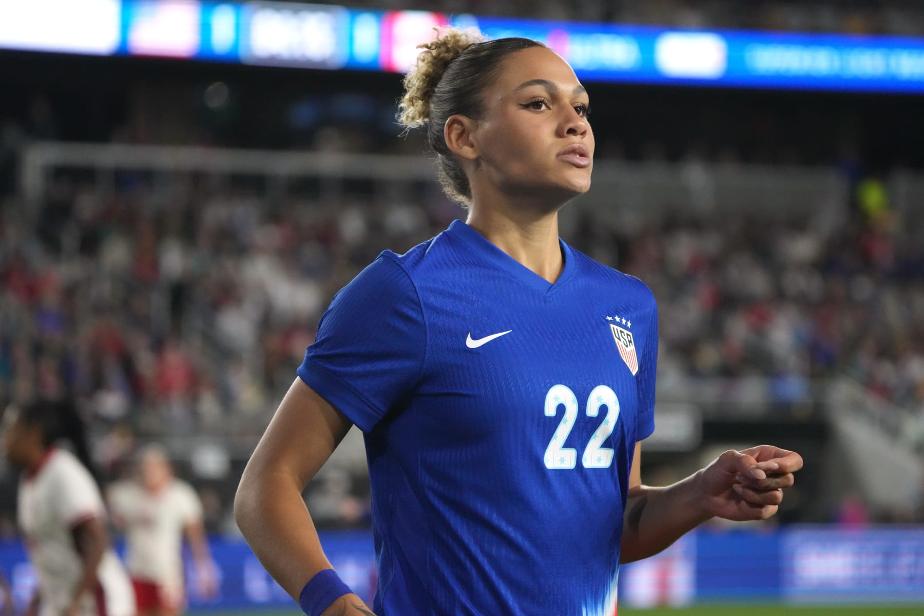COLUMBUS, OHIO - APRIL 09: Trinity Rodman #22 of the United States looks on during the second half of the 2024 SheBelieves Cup against Canada at Lower.com Field on April 09, 2024 in Columbus, Ohio. (Photo by Jason Mowry/Getty Images)